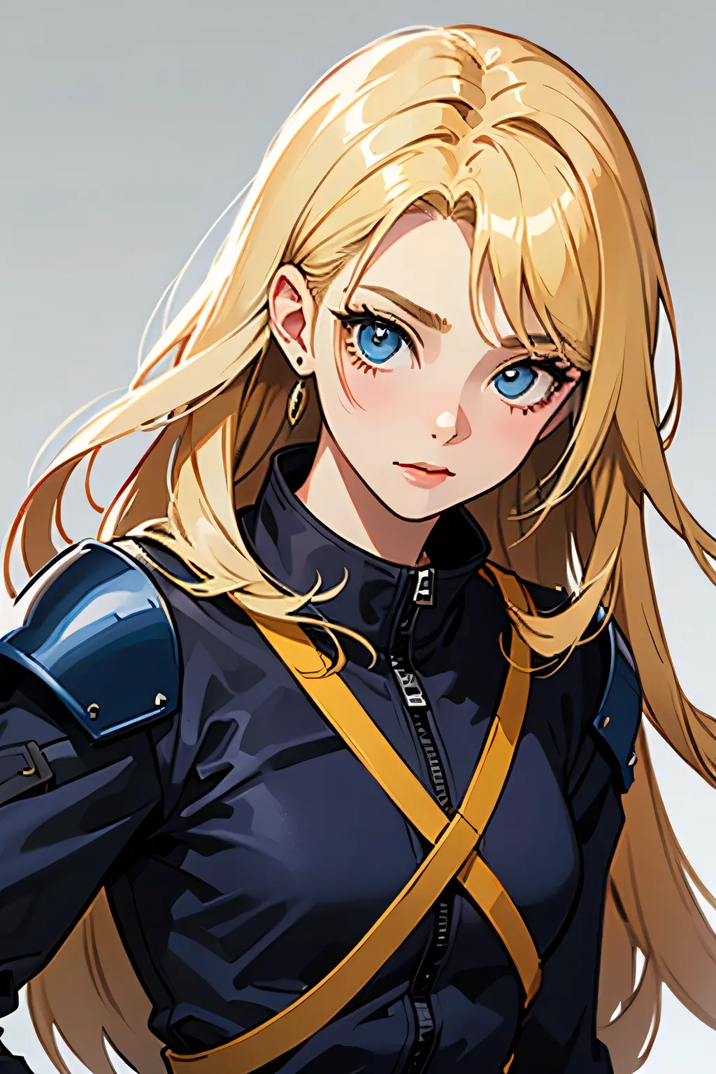Imagine an 18-year-old girl, long blond hair, com franja na testa, wearing modern-looking ninja armor with the classic Metal Hero Tokusatsu style. The color of her clothes is predominantly black, with small details in navy blue and gold..   She is in front...