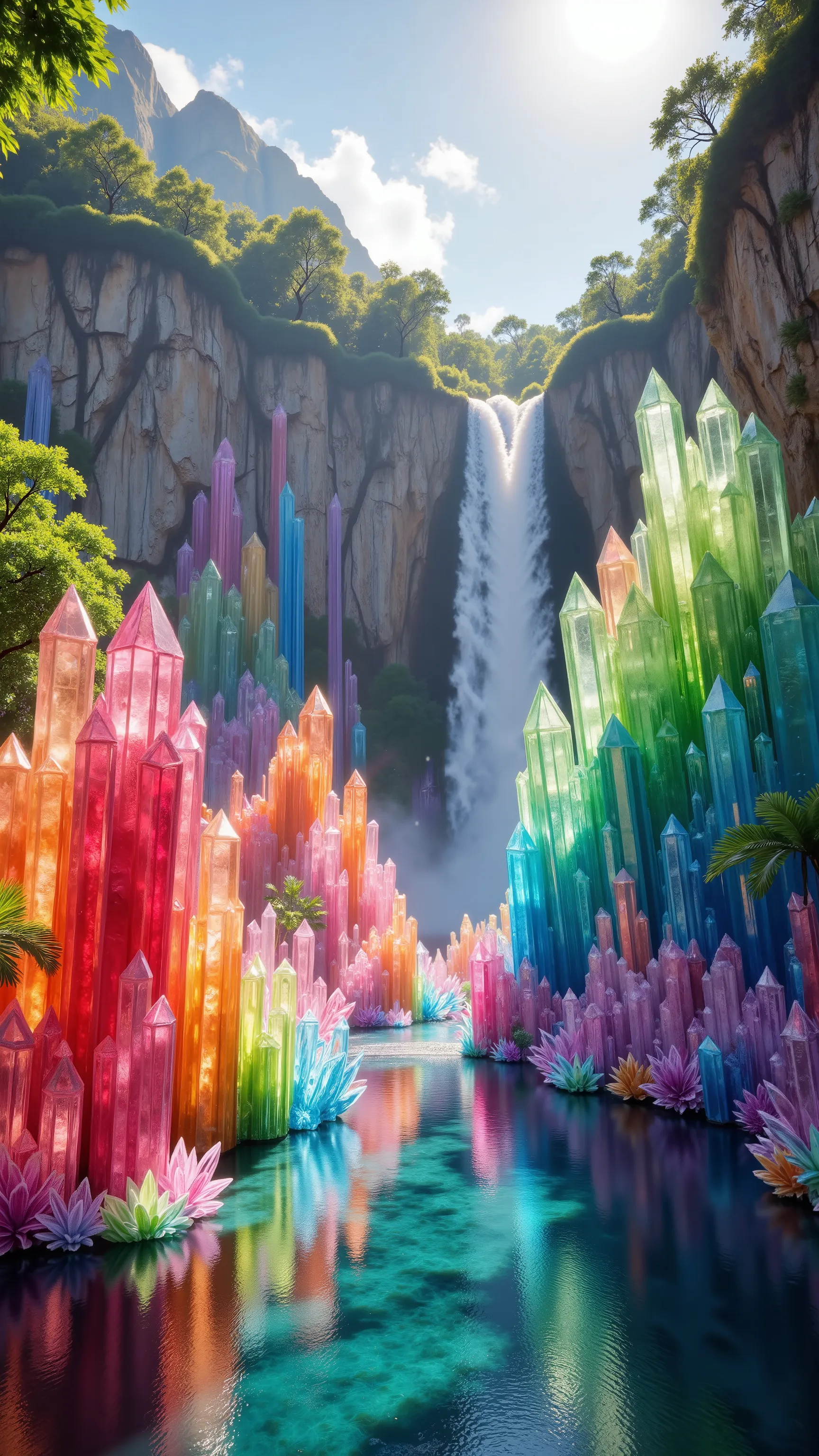 
***Use the lagoon and waterfall in the image provided, a cliff that is 300 feet tall made up of gigantic quartz crystal points that are multicolored pillars in a tropical rainforest. In the middle of these skyscraper sized quartz crystals is an incredible...