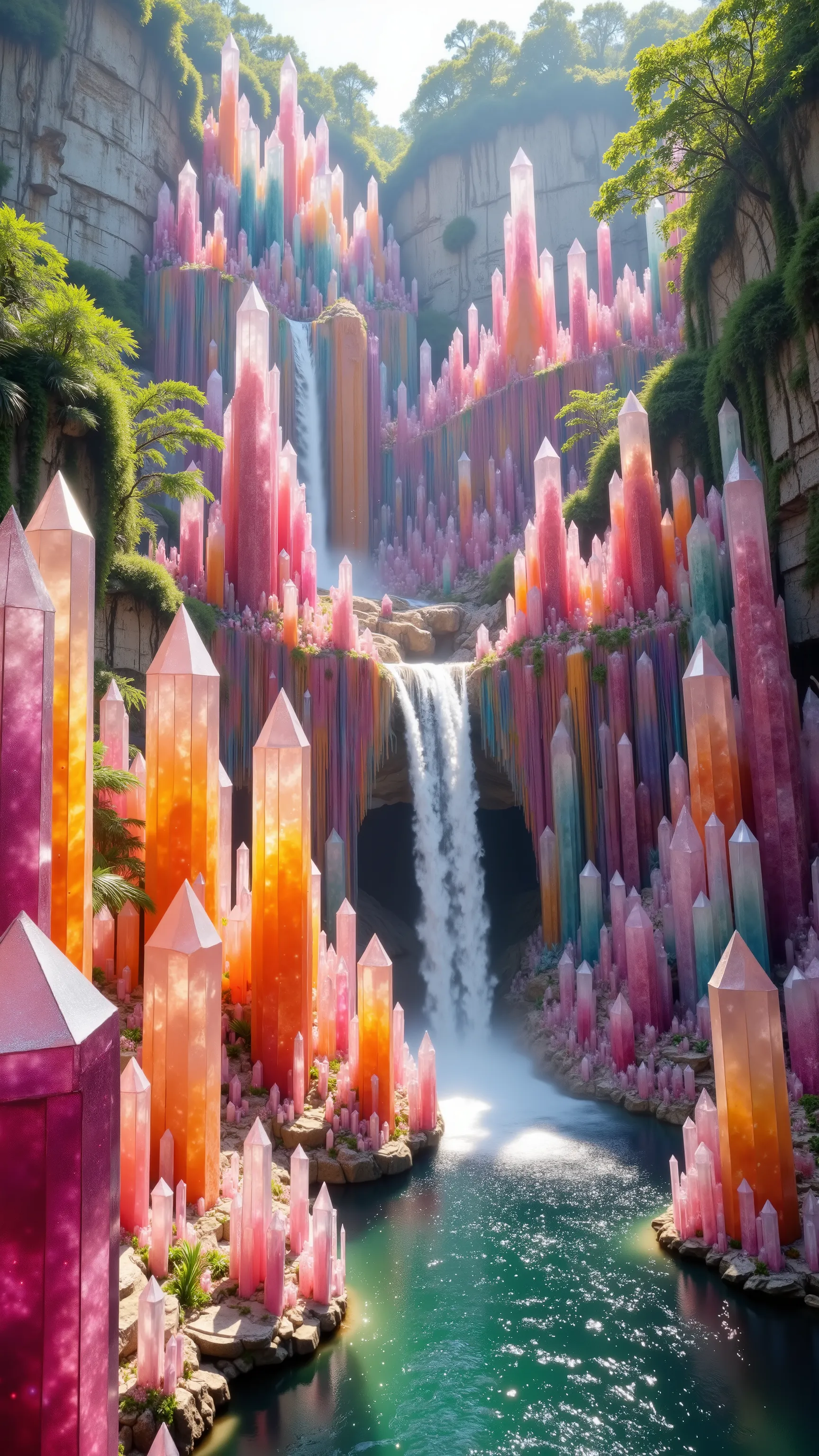 
***Use the lagoon and waterfall in the image provided, a cliff that is 300 feet tall made up of gigantic quartz crystal points that are multicolored pillars in a tropical rainforest. In the middle of these skyscraper sized quartz crystals is an incredible...