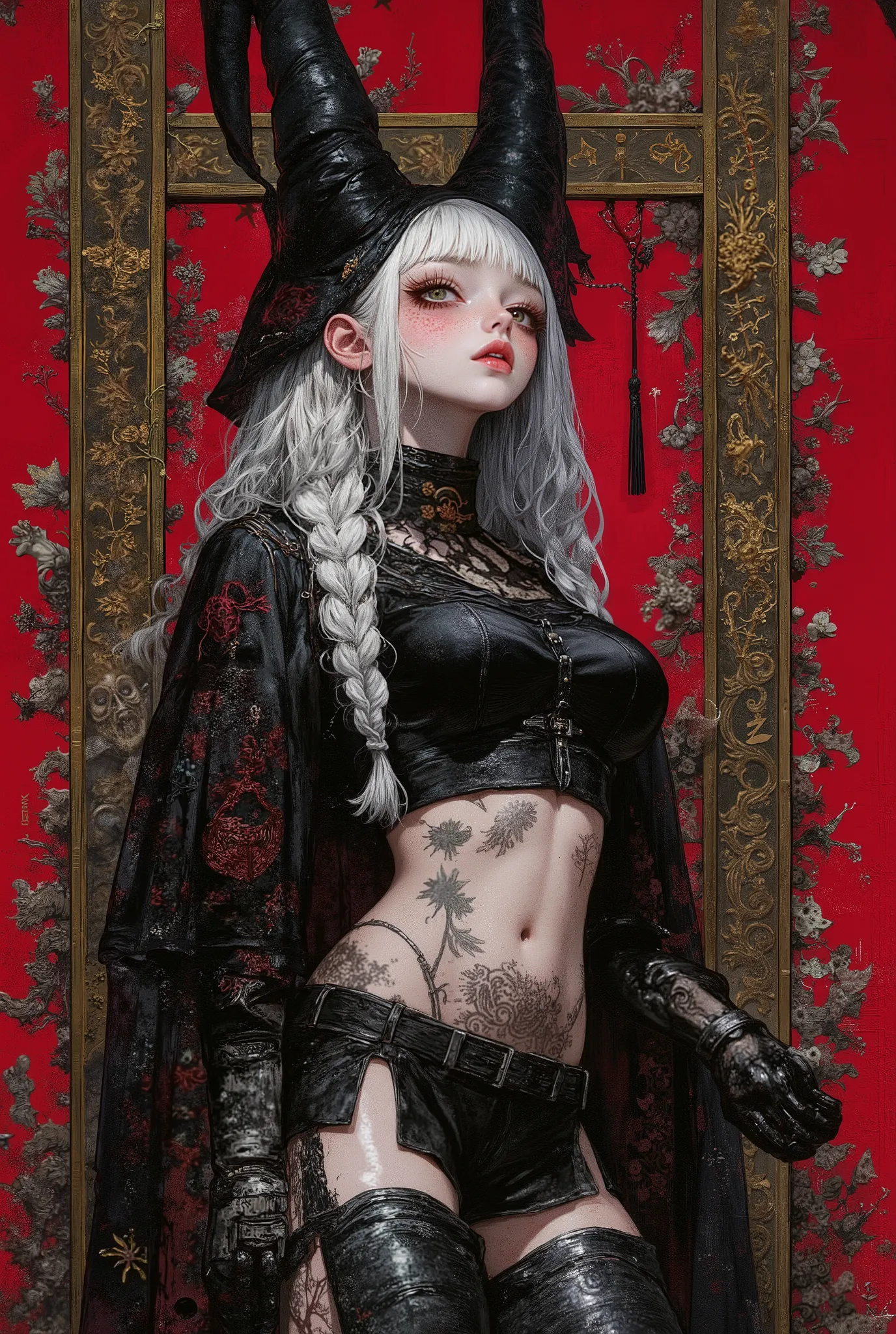 Gothic_girl, ((top quality)), (super high resolution), (super detailed), Chris Bachalo inspired, exquisite digital illustration, womanhood, Studio Ghibli Dark Fantasy, a tall skinny female high fashion model goddess, heavy eye makeup, hauntingly beautiful,...