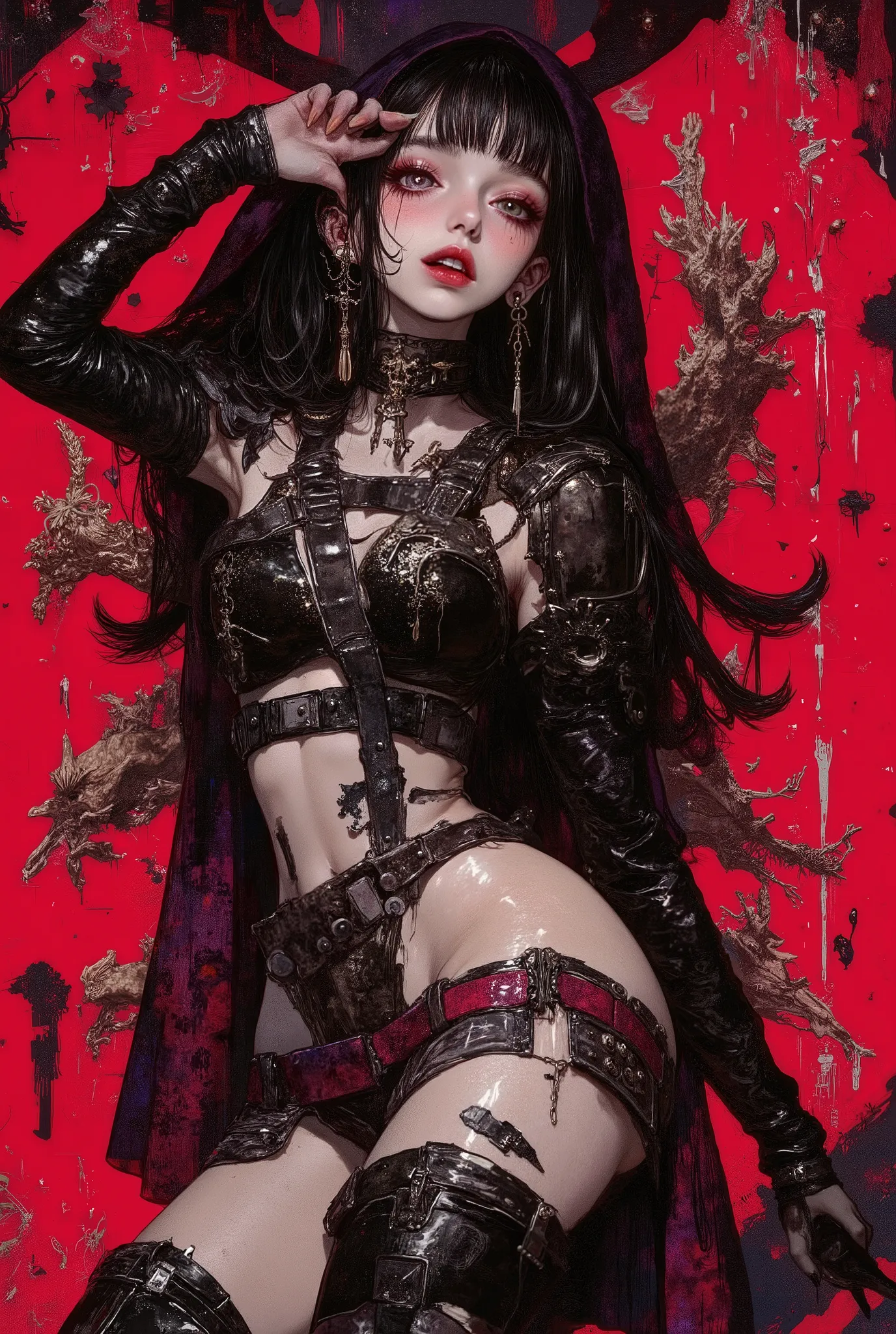 Gothic_girl, ((top quality)), (super high resolution), (super detailed), Chris Bachalo inspired, exquisite digital illustration, womanhood, Studio Ghibli Dark Fantasy, a tall skinny female high fashion model goddess, heavy eye makeup, hauntingly beautiful,...