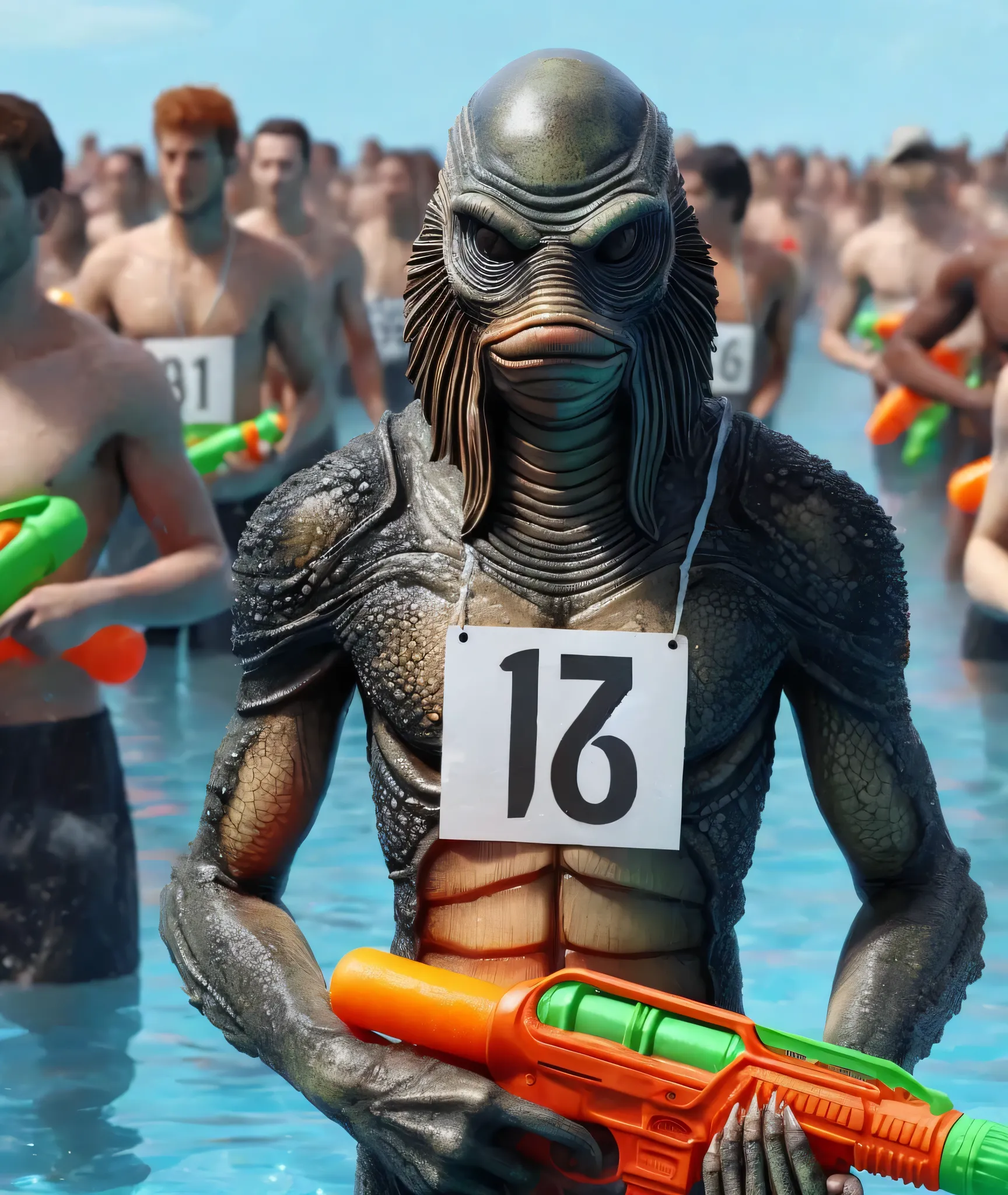 realistic image like the picture of him sitting in the passenger seat of a car、realistic skin texture、Pool water gun competition、creature from the black lagoon ,plastic water gun、with a bib number attached to their chest、lined up with ordinary people carry...