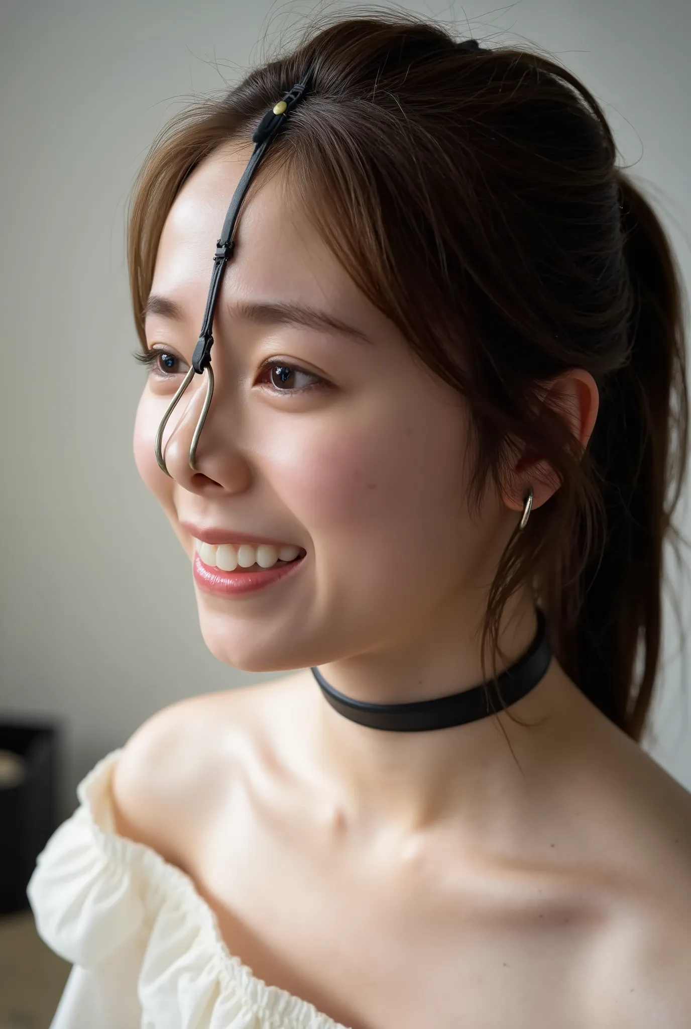 A high resolution photograph of a Japanese young woman, standing indoors, leaning backward, wearing an off-shoulder dress. (Her hairstyle is long brown hair parted middle showing forehead, in a ponytail with hair scrunchie). She has flawless porcelain-whit...