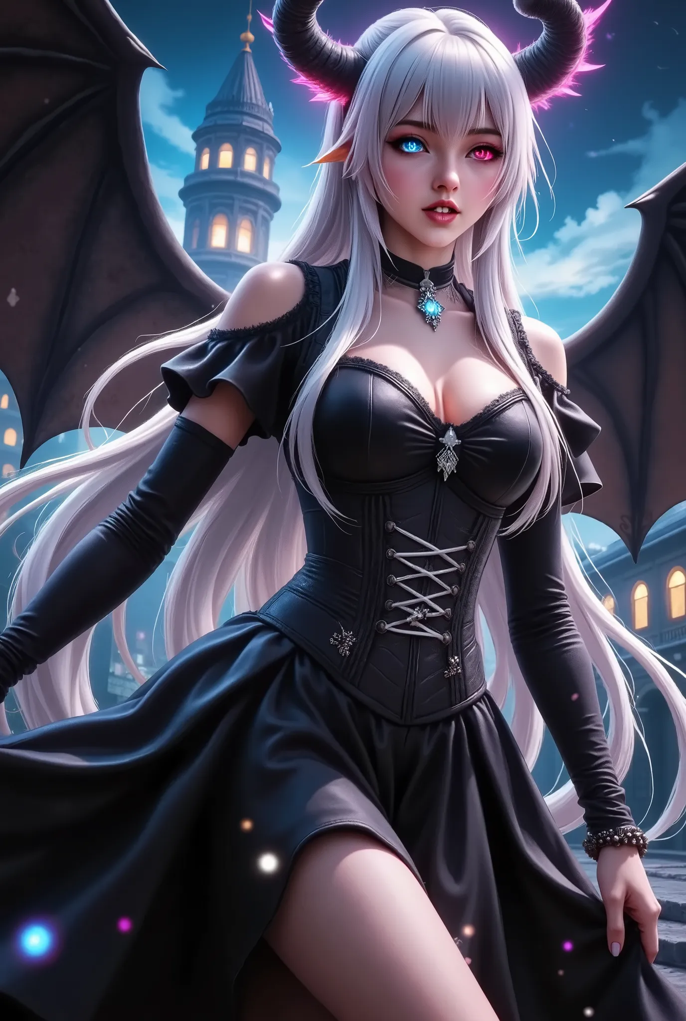 Illumination art,sinister anime demon girl viewed from below, intimidating low angle shot, malevolent grin revealing sharp fangs, heterochromatic eyes (blood red and ice blue) glowing intensely, extremely long white hair flowing upward, massive black demon...