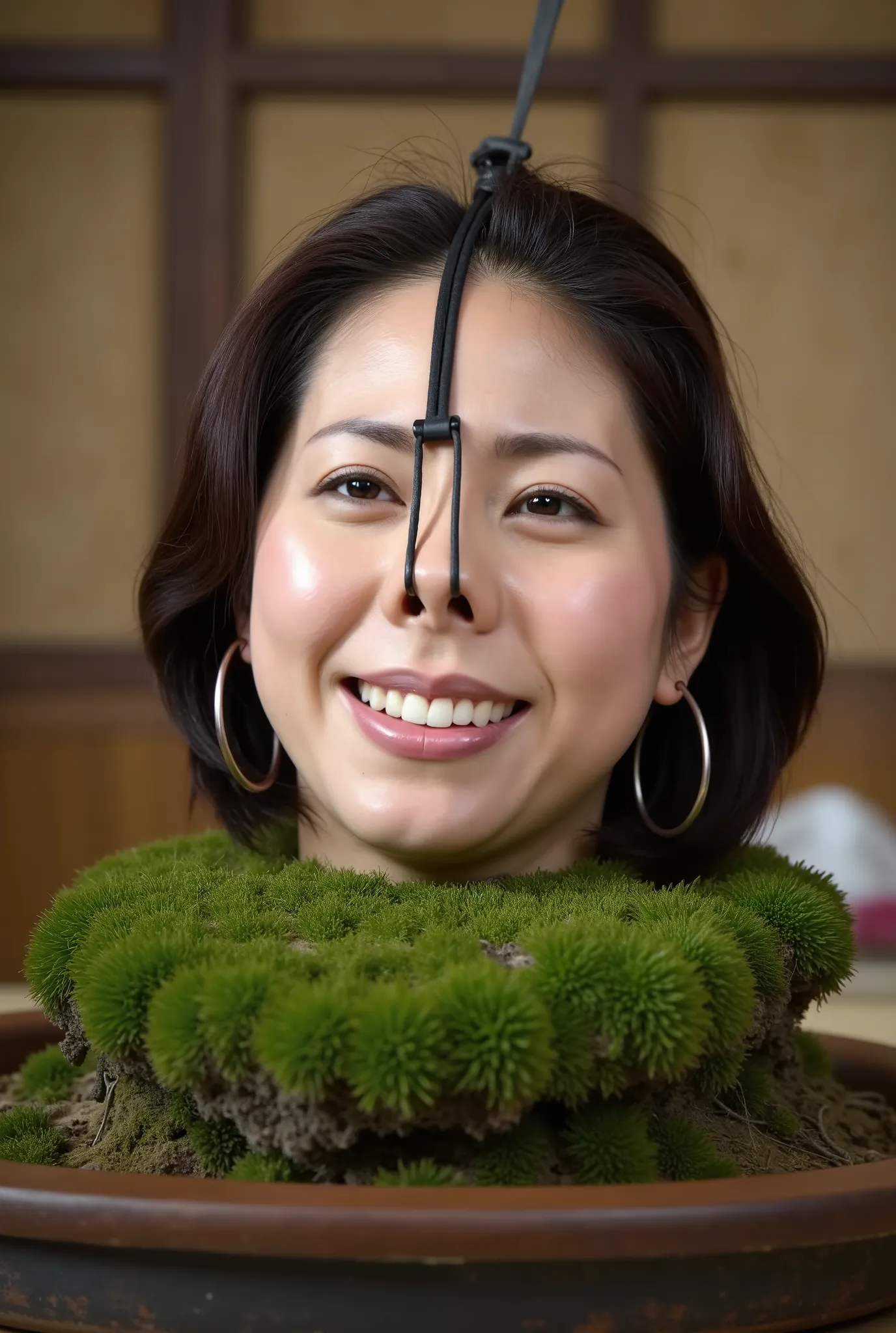 (A high resolution photograph of the head and neck of a mature Japanese woman buried in the center of the moss-covered soil in a bonsai pot placed on a table in a traditional Japanese home:1.5). 
No part of her body is visible below the shoulders. 
(Her ha...