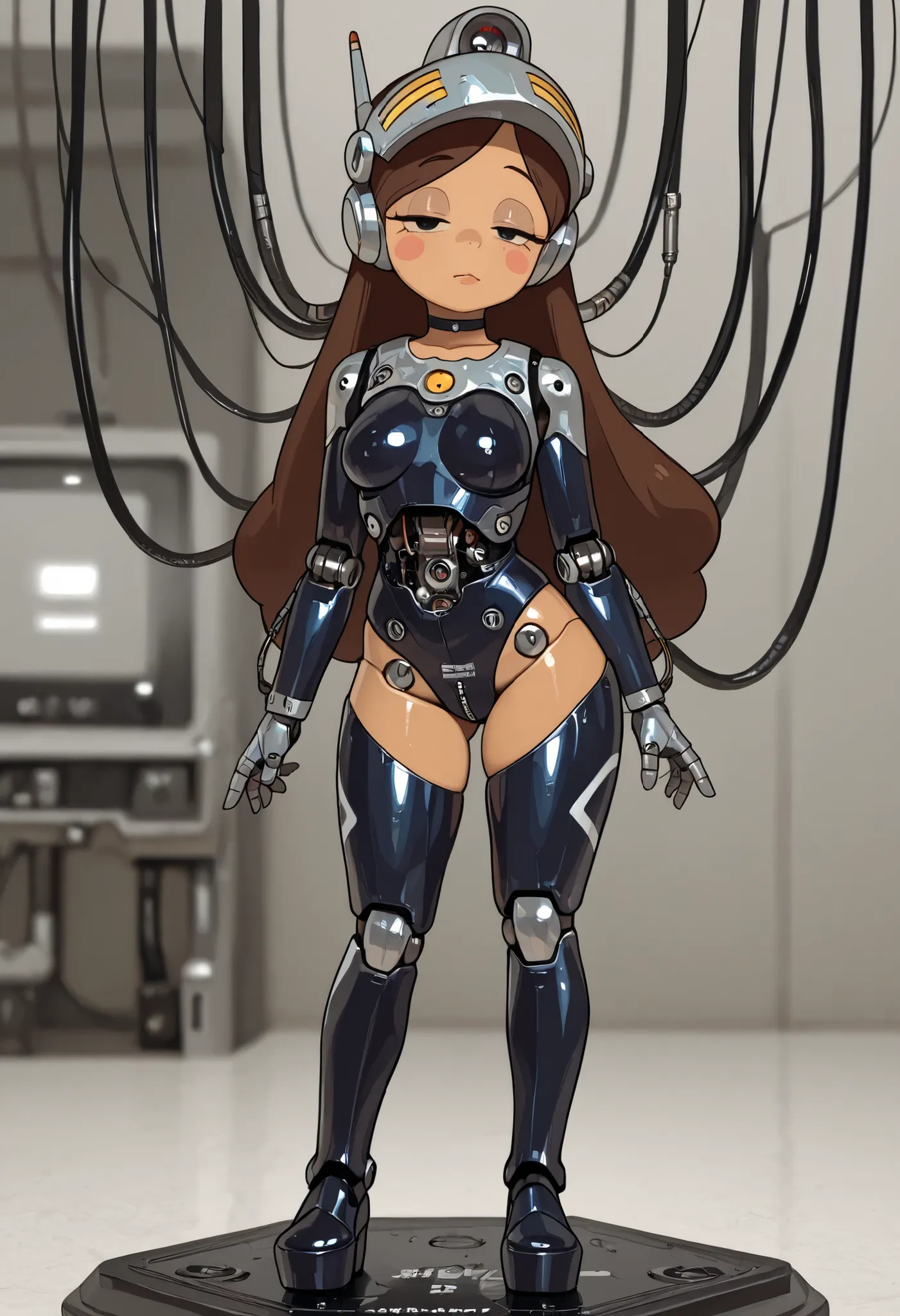 Mabel Pines, blush stickers, brown hair. black eyes. half-closed eyes, small breasts, huge hips. long eyelashes, choker. | score_9, score_8_up, score_7_up, faux figurine, nendoroid, full body, figure, platform, solo, Anime, 1girl, masterpiece, best quality...