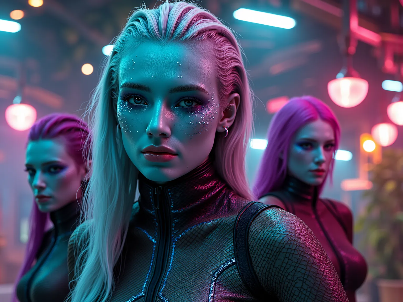 🌟 **8K Ultra-HD, Cyberpunk alien aesthetics, Neon-Highlights, Hyper-realistic details**  
🌌 **futuristic classroom: organically curved walls made of bio-metal, floating hologram tables, plasma light spheres as a “blackboard”, alien plants tendril on steel girders**  

### 👽 **The 6 alien students** *(jede einzigartig)*:  
1. **Zyphira**  
   - **Haut**: Deep purple with shimmering star patterns 
 - **Frisur**: liquid-metallic tentacles, that are constantly reforming 
 - **Besonderheit**: **Drittes Auge** auf der Stirn, that projects mathematical formulas 

2. **Nexara**  
   - **Haut**: Clear jellyfish skin with pulsating veins 
 - **Frisur**: Living plasma braids, which electrify when touched 
 - **Besonderheit**: **floating hands** — requires no physical limbs 

3. **Vaelis**  
   - **Haut**: scaly turquoise with chromatophore alternation (like a chameleon)  
   - **Frisur**: crown of thorns made of crystalline hair 
 - **Besonderheit**: **Zungen-Gabelung**, can speak two languages at the same time 

4. **Myxina**  
   - **Haut**: pearl black with bioluminescent dots 
 - **Frisur**: Cloud of living fog, forms into emojis 
 - **Besonderheit**: **Symbiotic shoulder parasite**, that eats her homework 

5. **Krythia**  
   - **Haut**: Glowing lava red with black magma cracks 
 - **Frisur**: spikes made from hardened obsidian substance 
 - **Besonderheit**: **Melting tears** — leave mini craters in the table 

6. **Oolani**  
   - **Haut**: milky white with floating fractal tattoos 
 - **Frisur**: hair from magnetic dust, react to thoughts 
 - **Besonderheit**: **Anti-gravity bag** — always floats 5 cm above the chair  

### 🤓 **The shy nerd student (“Tix”)**:  
- **Spezies**: Seltenes **Nerven-Gas-Wesen** (halb materiell)  
- **Aussehen**: Unscharfe Konturen, wears a **Stabilizing glasses**, to remain visible 
- *