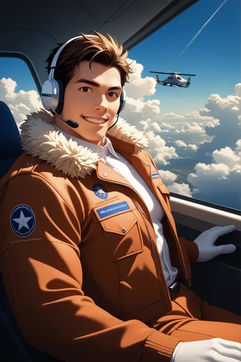 very awa, masterpiece, best quality, absurdres, newest, perfect quality, detailed background, intricate details,
1boy, male, male only, male focus, 
( headset, jacket, open jacket, fur trim, white shirt, uniform, pilot uniform, colored skin, white skin),
p...