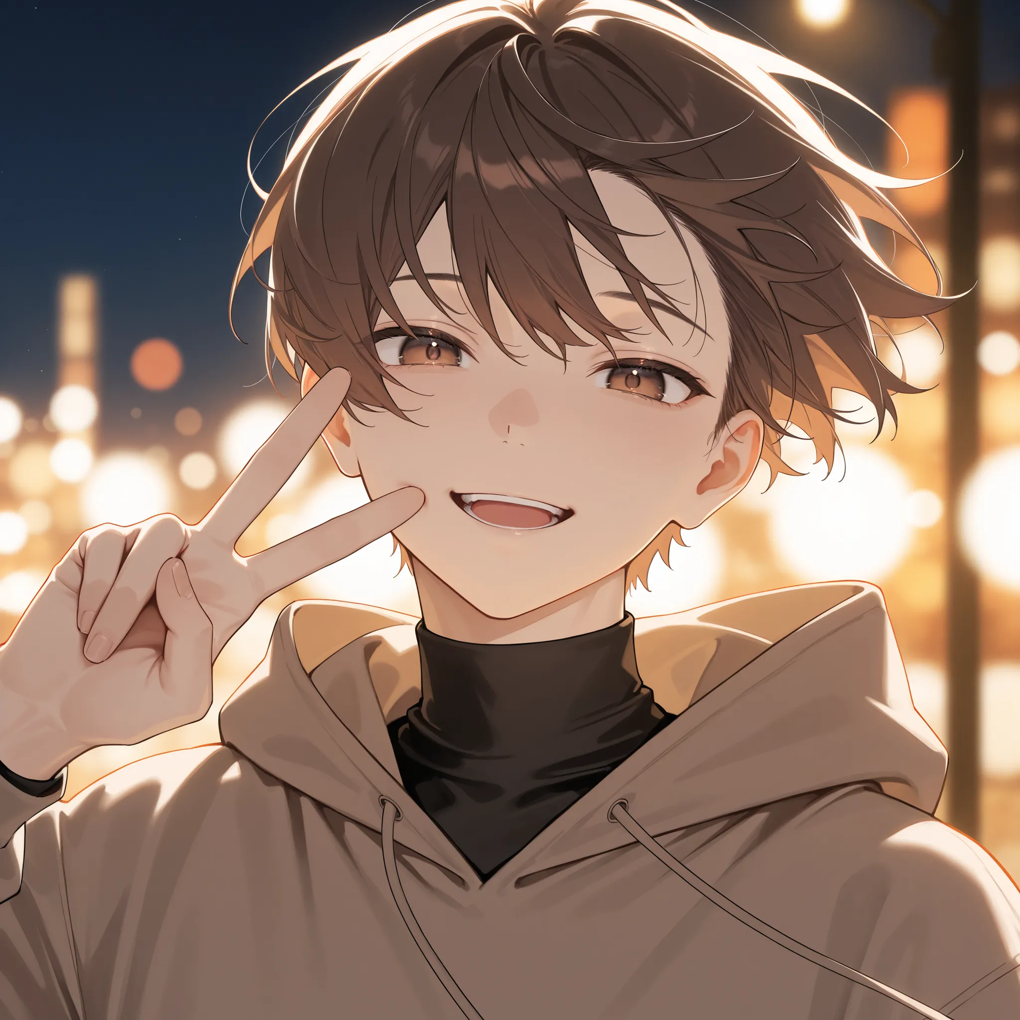 score_9, score_8_up, score_7_up, masterpiece, best quality, detailed face, 1 boy, solo, beautiful, modest chest, slender body, mature, masculine, light makeup, adorable, open mouth, grinning, 
Brown hair, short hair, brown eyes, black turtleneck, brown hoo...