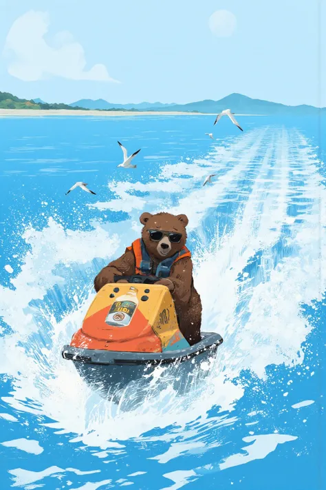 Picture of a bear in sunglasses jet skiing at sea,Bear sledding,Hold the wheel of a jet ski firmly、bear slouching slightly,figure cutting waves briskly,dynamic splashes of water,Draw plenty of impressive splashes of water behind a bear and under the jet ski,express a sense of speed and realism,Add a distant view of mountains to the ocean horizon,Pictures with a story,Cool expression with sunglasses,life jacket,swimsuit,Bear coat color is brown,Contrast with a colorful jet ski,Jet ski details,Simple streamlined,Picture of a bear jumping a little with the waves Scene,White cumulonimbus cloud,apply shadows to clouds,planet, Flying Seagulls,Anime drawing inspired by Makoto Shinkai, conceptual art, label chemical bottle, Colorful in Futuristic Hues ,Retrofuturistic digital painting,   Amazing Anime ,Blue water and light blue sky animated wallpaper, blue sea, perfect water expression ,