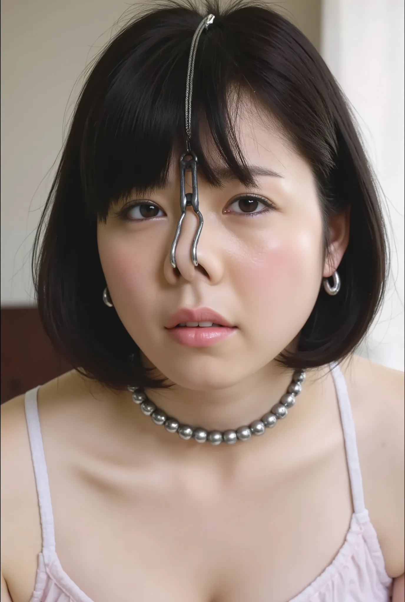 A high resolution photograph of a Japanese adult woman, standing indoors, (with arched back), wearing an off-shoulder dress. (Her hairstyle is bob cut black hair with thick blunt bangs:1.2). She has flawless porcelain-white skin and fine-textured skin. (Sh...