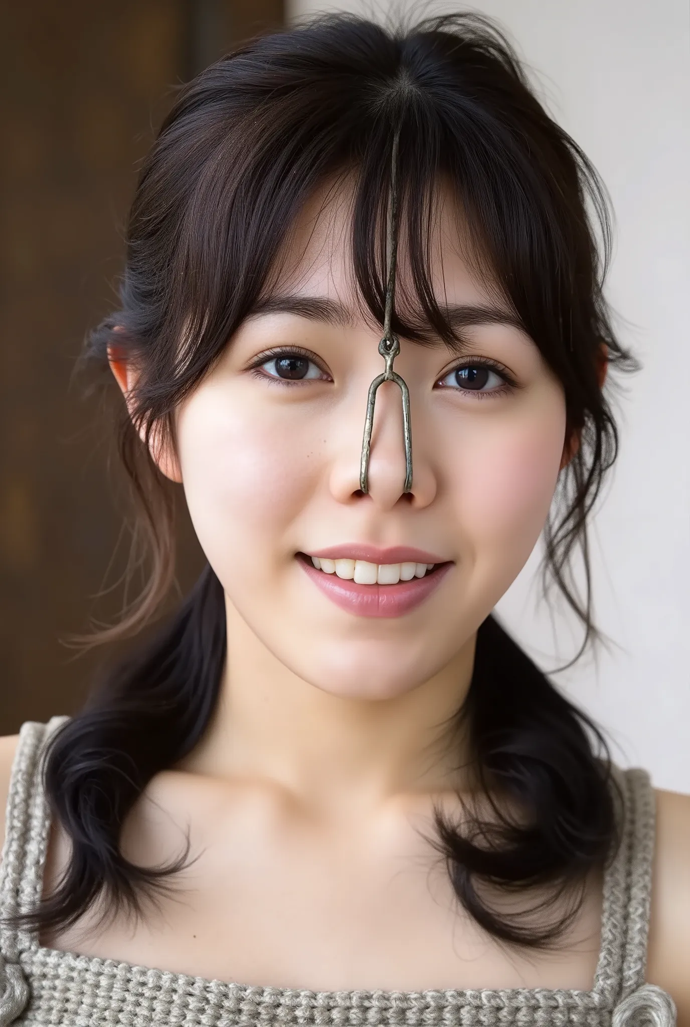 A high resolution photograph of a Japanese adult woman, standing indoors, (with arched back), wearing an off-shoulder dress. (Her hairstyle is black hair, parted middle showing forehead:1.2). She has flawless porcelain-white skin and fine-textured skin. (S...