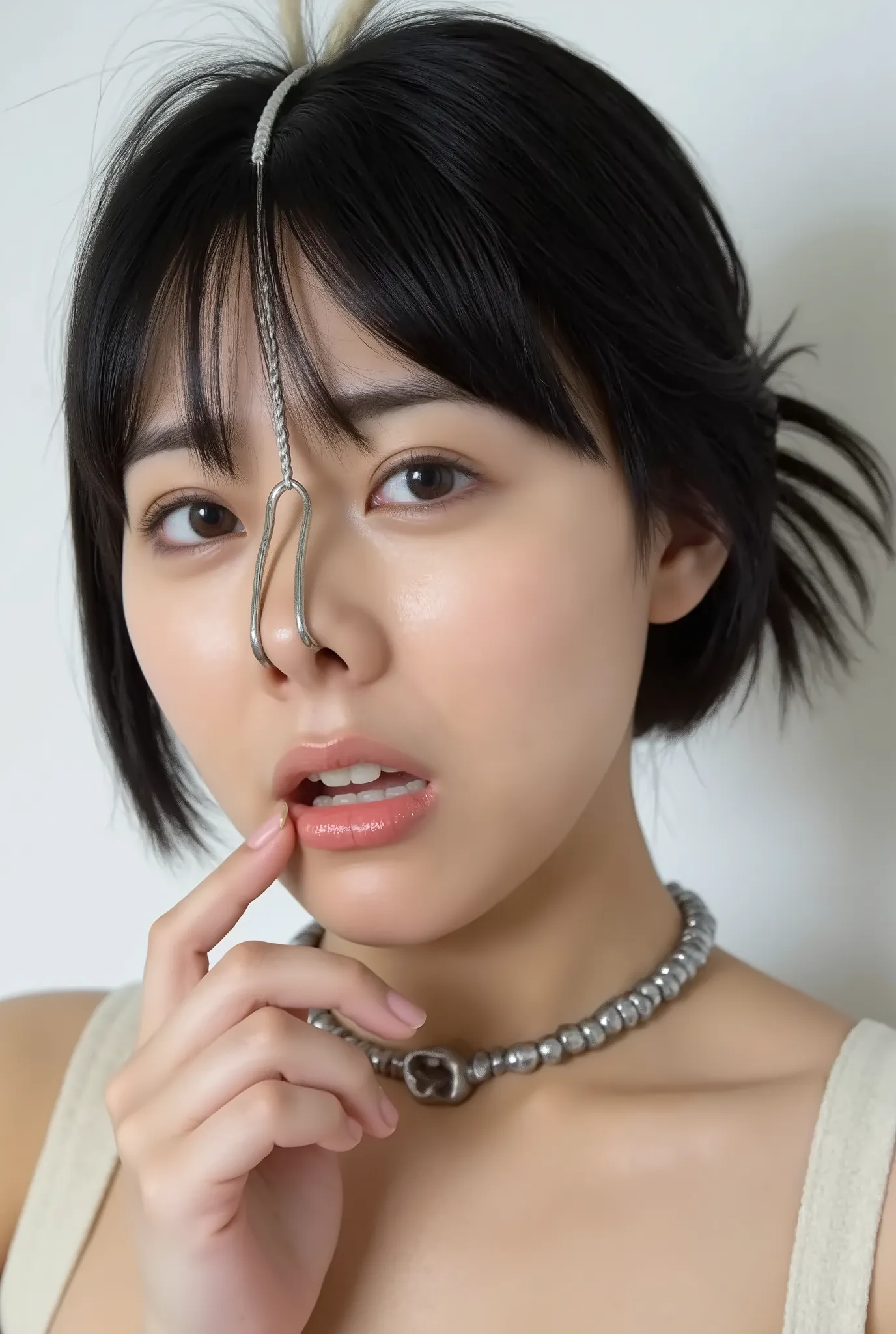 A high resolution photograph of a Japanese adult woman, standing indoors, (with arched back), wearing an off-shoulder dress. (Her hairstyle is bob cut black hair with thick blunt bangs:1.2). She has flawless porcelain-white skin and fine-textured skin. (Sh...