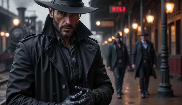 Hyper-realistic cinematic scene at Redstone Central Station during twilight. Jack Crowley stands alone on the platform, waiting for someone. He wears a dark trench coat, black gloves, and a wide-brimmed hat casting a partial shadow over his piercing eyes. ...