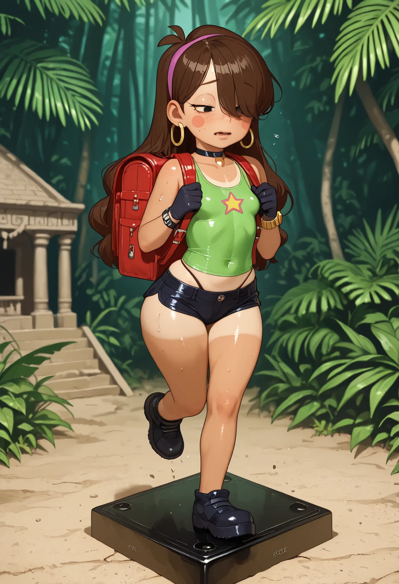 Mabel Pines, blush stickers, brown hair. black eyes. half-closed eyes, small breasts, huge hips. long eyelashes, choker. | score_9, score_8_up, score_7_up, faux figurine, nendoroid, full body, figure, platform, solo, Anime, 1girl, masterpiece, best quality...