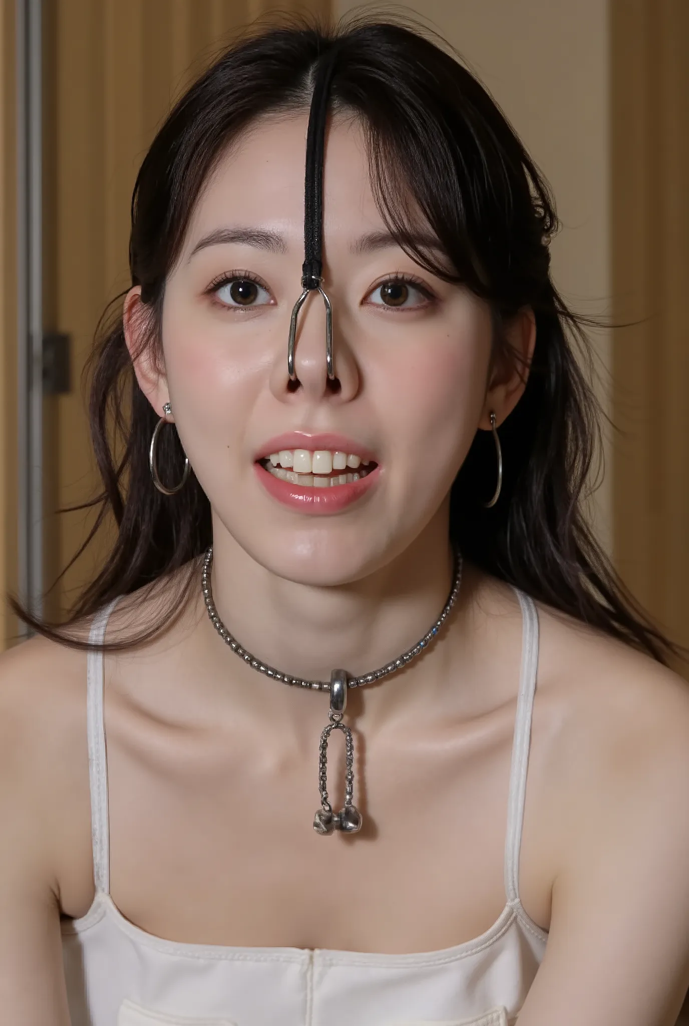 A high resolution photograph of a Japanese adult woman, standing indoors, with arms behind back, wearing an off-shoulder dress. (Her hairstyle is long disheveled dark hair, down to the chest, parted middle showing forehead). She has flawless porcelain-whit...