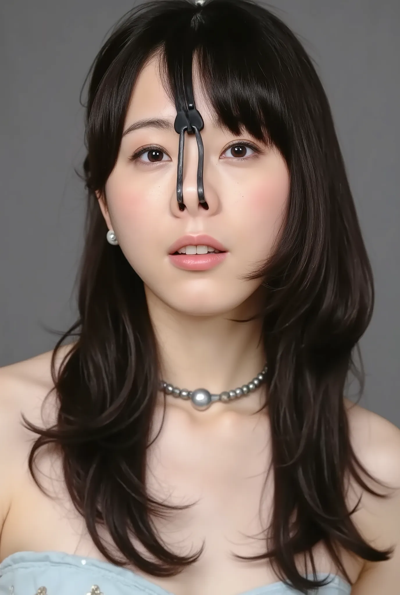 A high resolution photograph of a Japanese adult woman, standing indoors, with arms behind back, wearing an off-shoulder dress. (Her hairstyle is straight long disheveled dark hair, down to the chest, parted middle showing forehead). She has flawless porce...