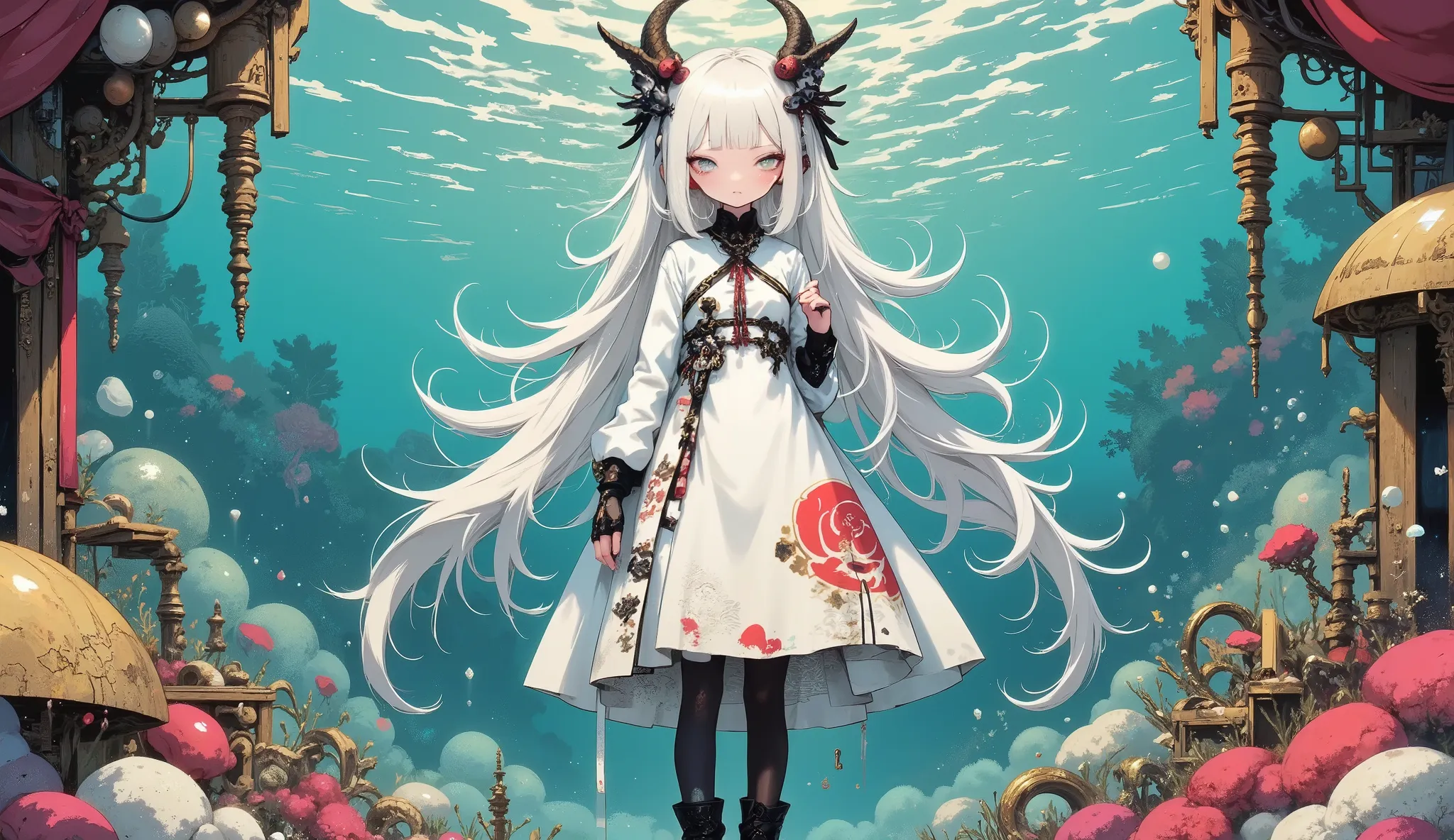 flat anime stle, kawaii anime, 1girl, gothic costume, snake hair, blunt bangs, half closed eyes, bags under eyes, full body, white cloth, standing, Medusa,
Snake,blush, long eyelashes, black boots, black tights, full length, glittering pattern on dress, ba...