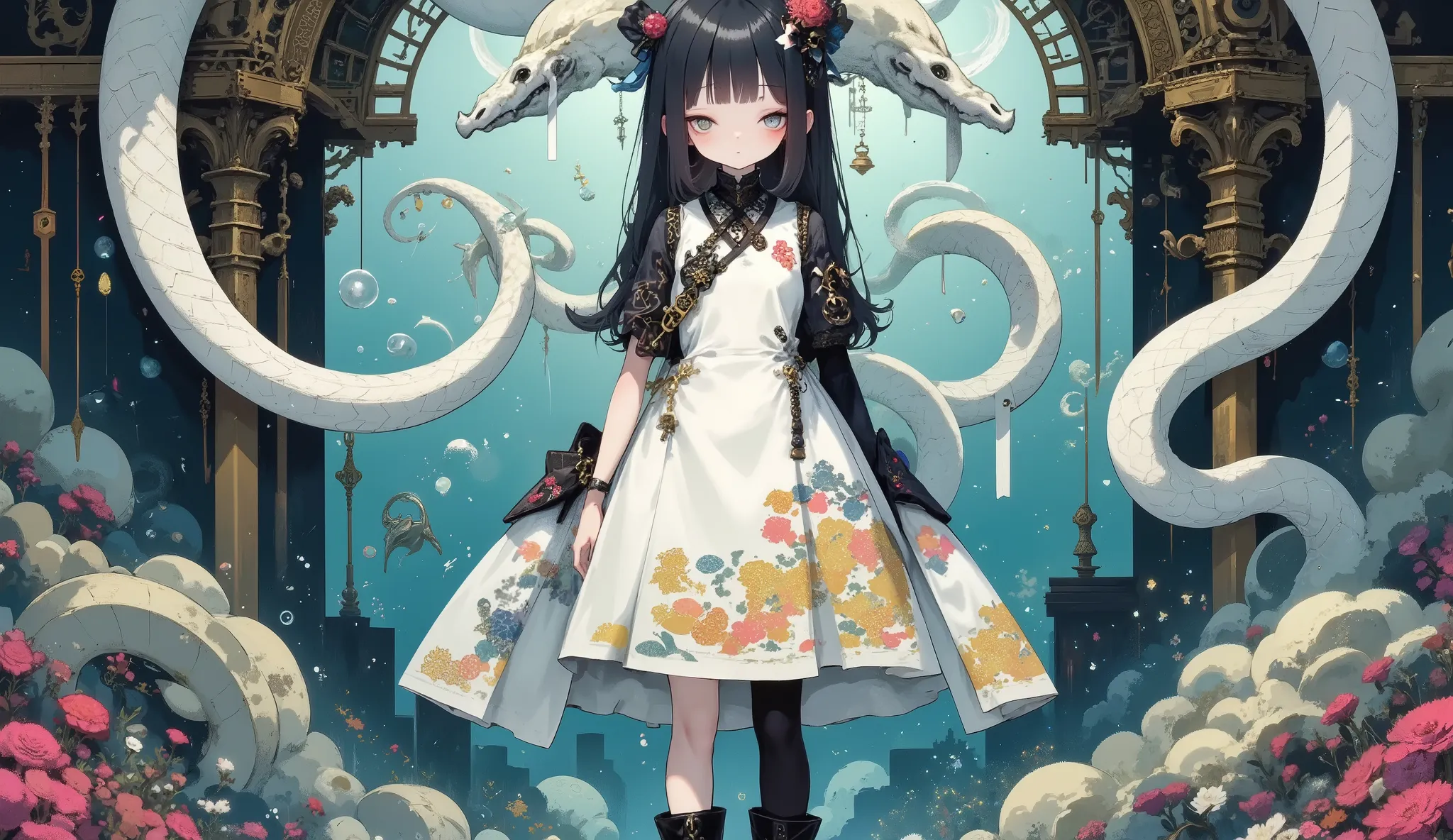 flat anime stle, kawaii anime, 1girl, gothic costume, snake hair, blunt bangs, half closed eyes, bags under eyes, full body, white cloth, standing, Medusa,
Snake,blush, long eyelashes, black boots, black tights, full length, glittering pattern on dress, ba...