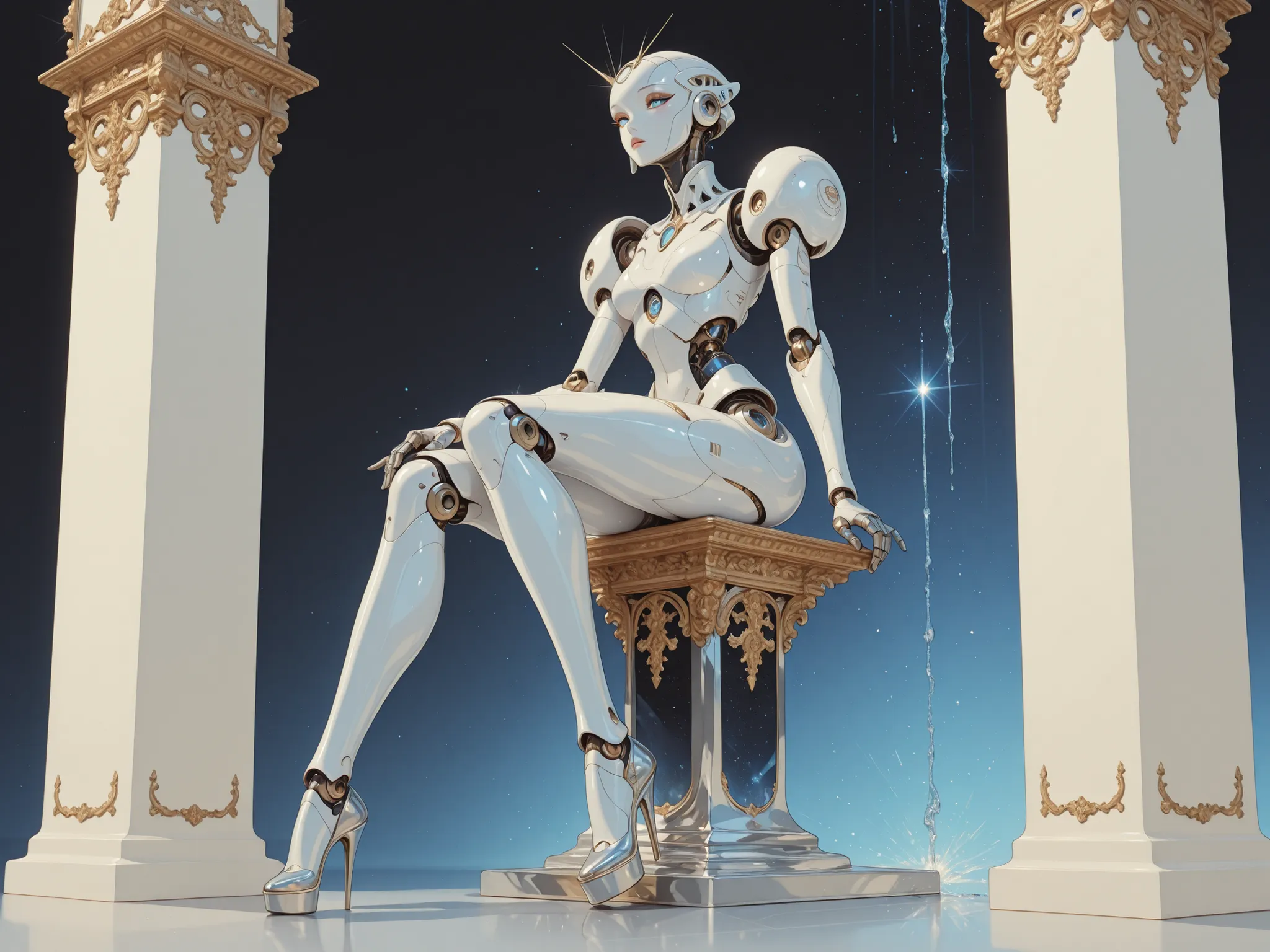A futuristic female humanoid robot sits elegantly atop a dripping pedestal that transitions from vibrant blue to a creamy white. Her sleek, metallic body gleams with a silvery finish that reflects the soft ambient light, highlighting the well-defined curve...