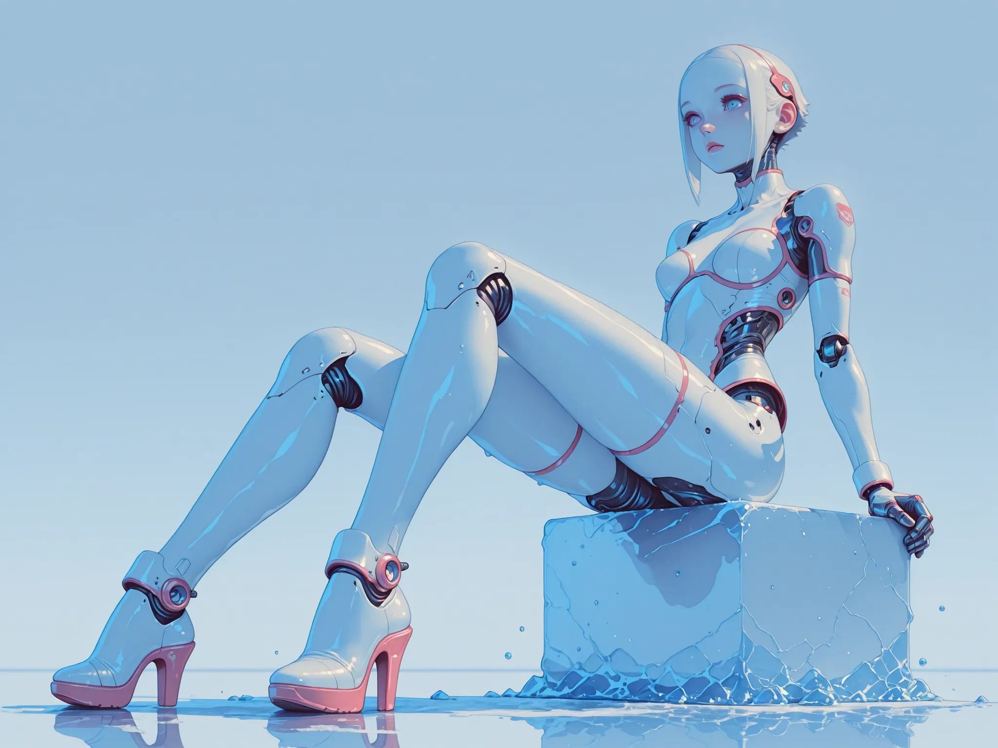 there is a woman sitting on a block of ice with a robot on it, beautiful cyborg girl pinup, cyborg - girl, cyborg girl, hajime sorayama designed girl, cute cyborg girl, retrofuturistic female android, porcelain cyborg, melted cyborg, female robot, broken b...
