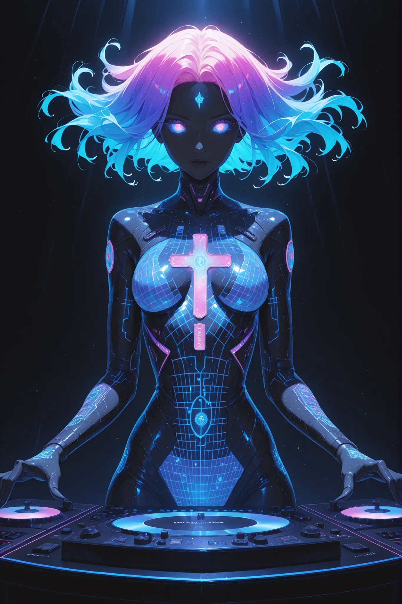 glowing eyes, colourful glowing hair, gradient hair, dj set, anime style, high detail, Futurism, glowing light, UHD, retina, masterpiece, ccurate, anatomically correct, textured skin, super detail, high details, high quality, award winning, best quality, h...