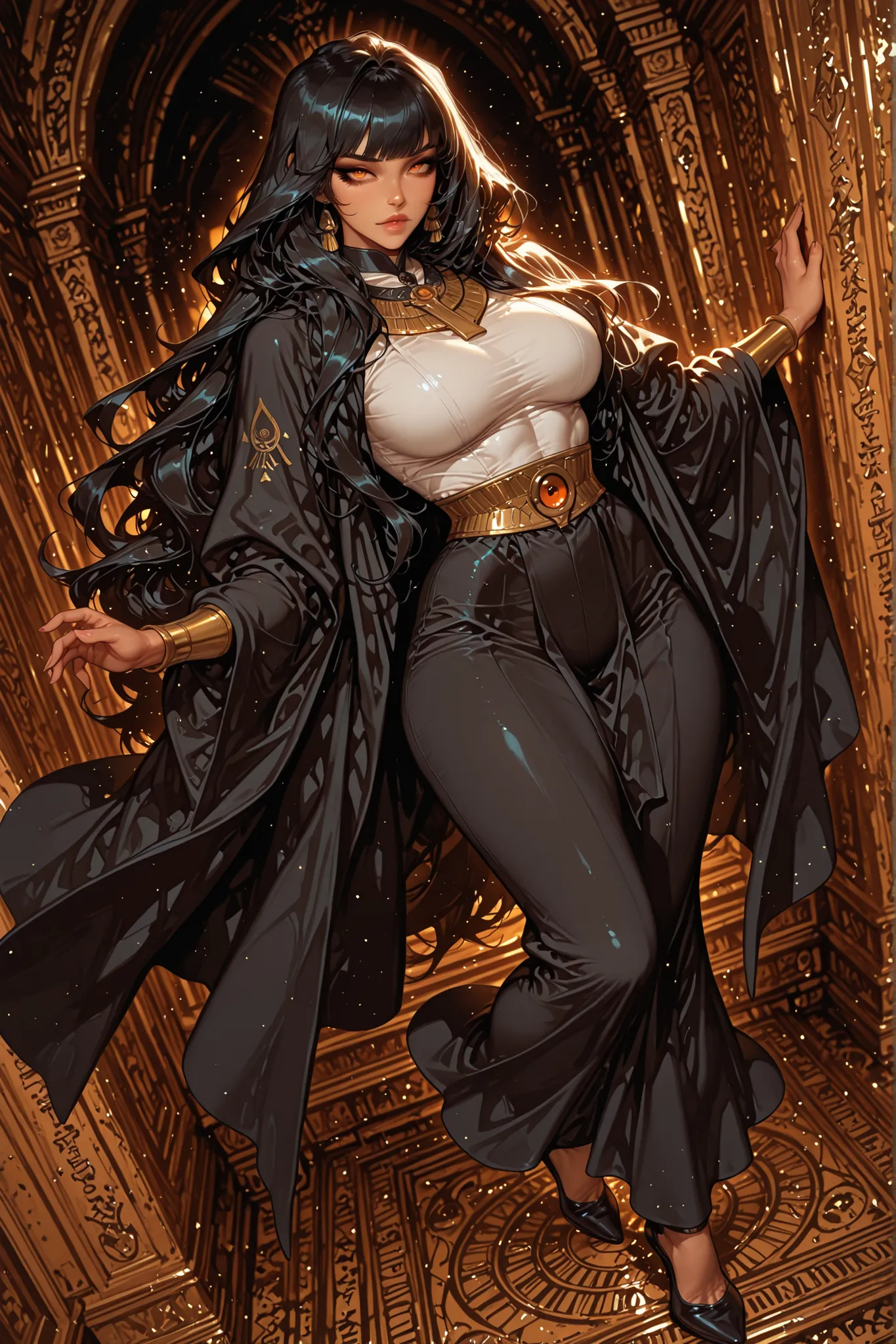 adult female, egyptian woman, medium plus sized breasts, mature women, mature woman, 1girl, pinklips,calm gaze, orange eyes, black eyeliner, black hair, black robes(white designs, no jewelery), medium plus sized breasts, toned body, slender figure, very lo...