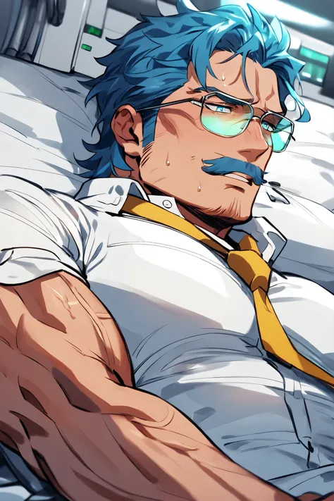 A middle-aged hospitalized mafia boss man, he got a bad case of heatstroke, he is hospitalized patient, Detailed face, Captivating look, moustache, Masculine face, Muscular body, Prominent veins, wearing white shirt and yellow tie and dark bule pants, blue...