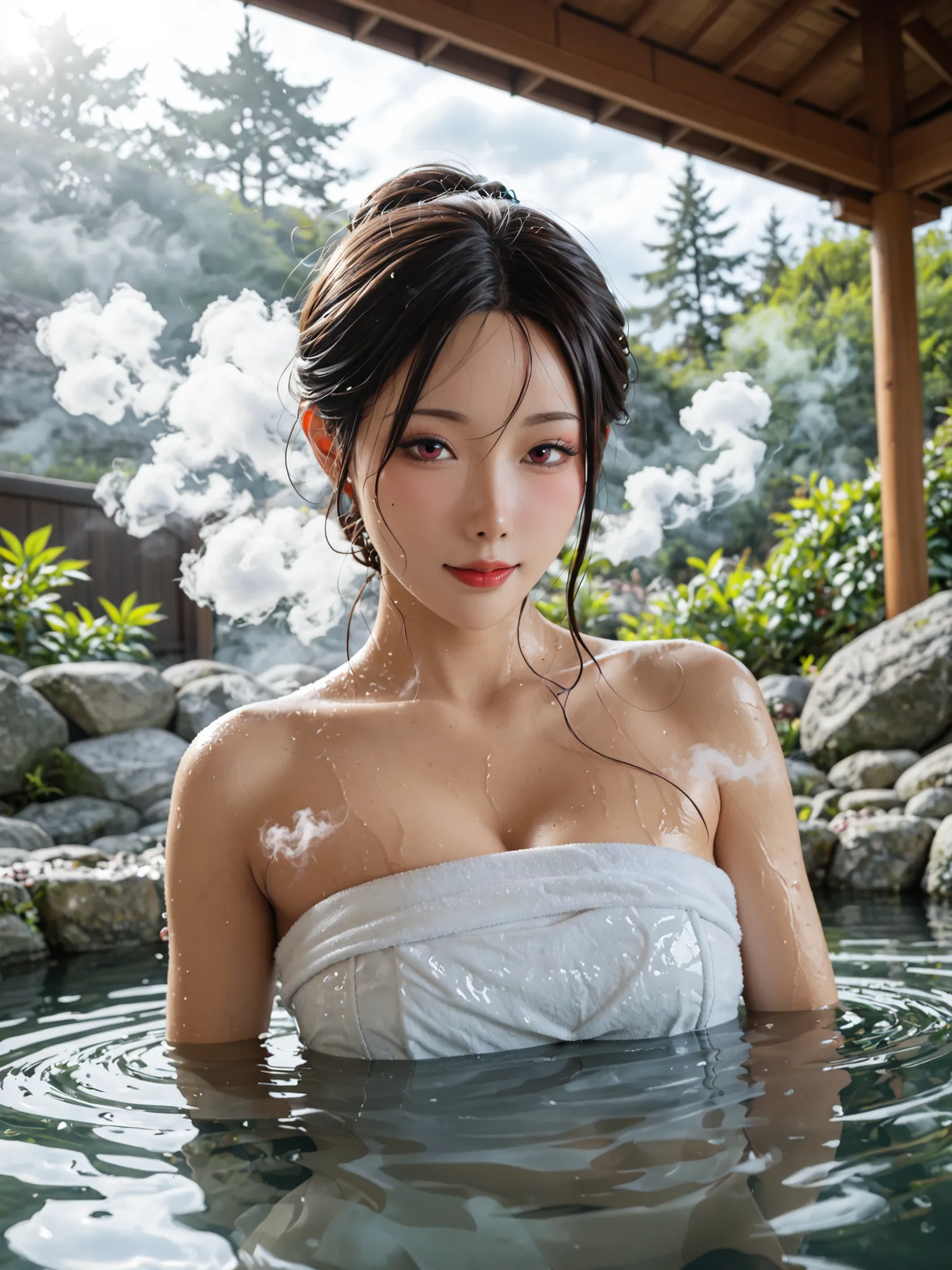 (Show me your armpits),(  Knight :1.7),  Oriental architecture  ,  1 female, ((Hot Springs, Hot Springs:1.4)), moist skin, ((fog:2.1)), ( steam rises :1.8),  growing skin , Beautiful skin, ((partially submerged in Hot Springs:1.4)),   holding a small white...