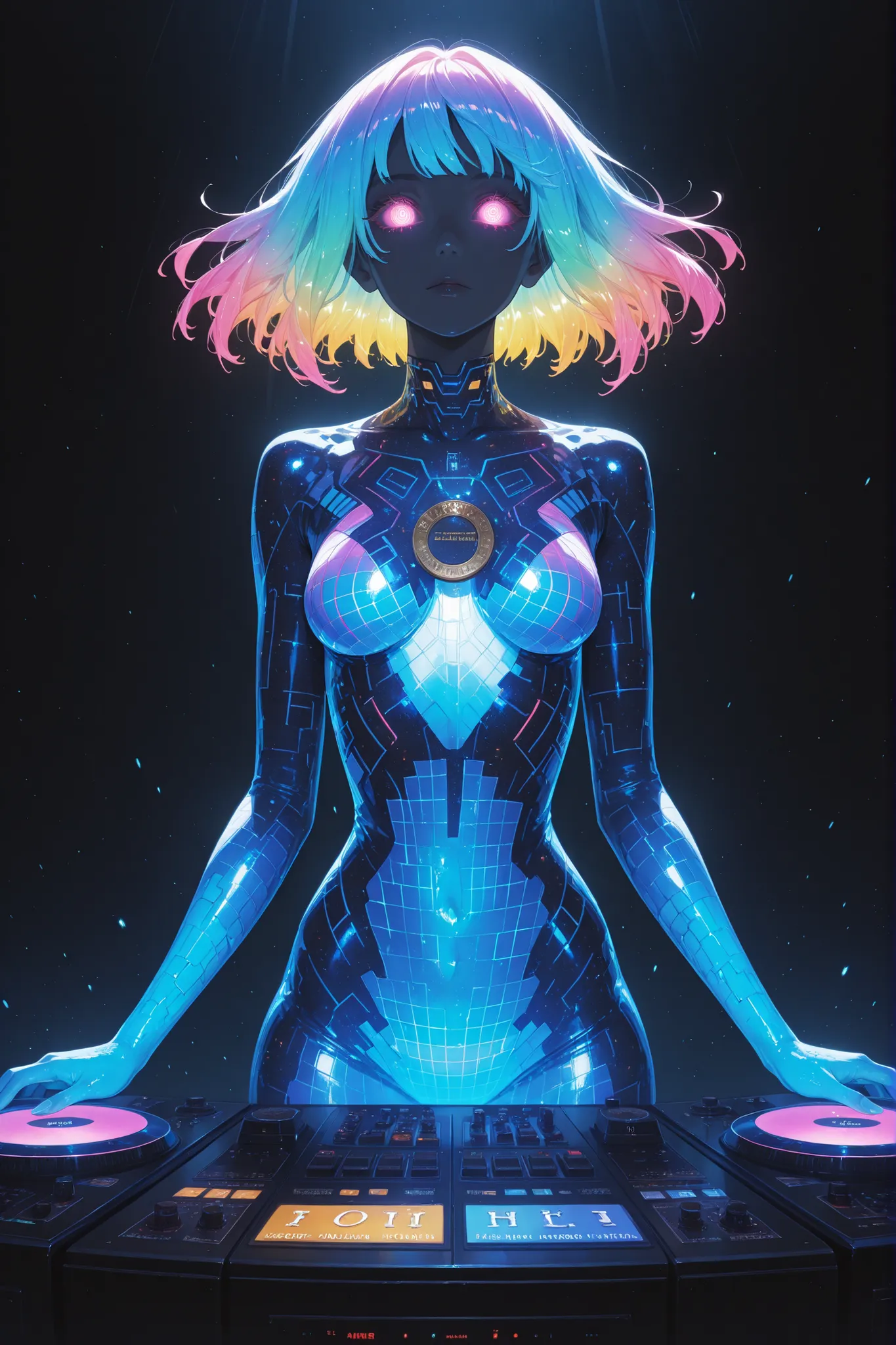 glowing eyes, colourful glowing hair, gradient hair, dj set, anime style, high detail, Futurism, glowing light, UHD, retina, masterpiece, ccurate, anatomically correct, textured skin, super detail, high details, high quality, award winning, best quality, h...