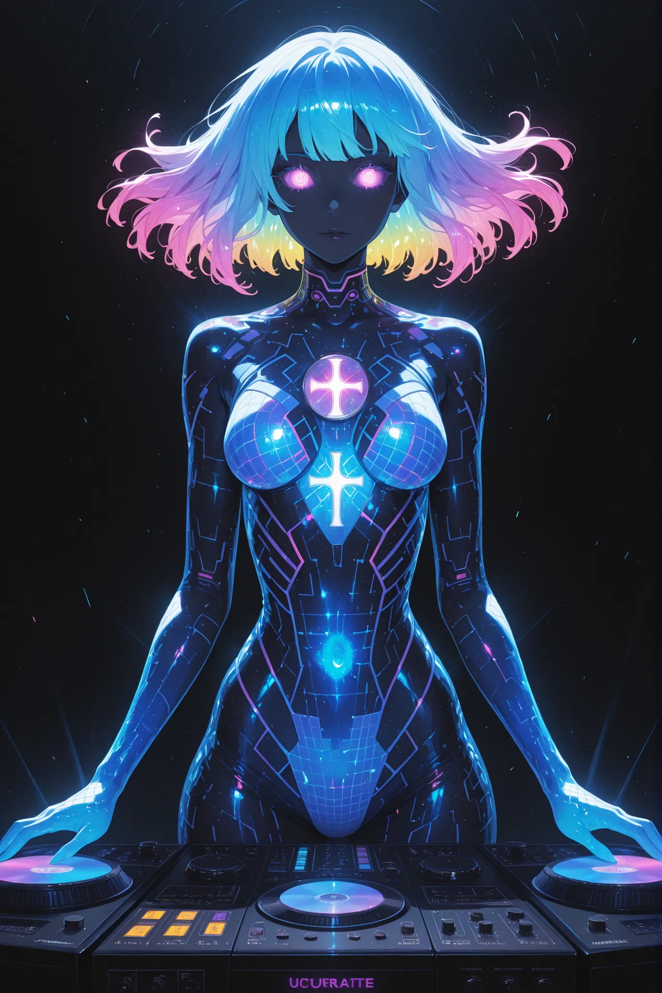 glowing eyes, colourful glowing hair, gradient hair, dj set, anime style, high detail, Futurism, glowing light, UHD, retina, masterpiece, ccurate, anatomically correct, textured skin, super detail, high details, high quality, award winning, best quality, h...