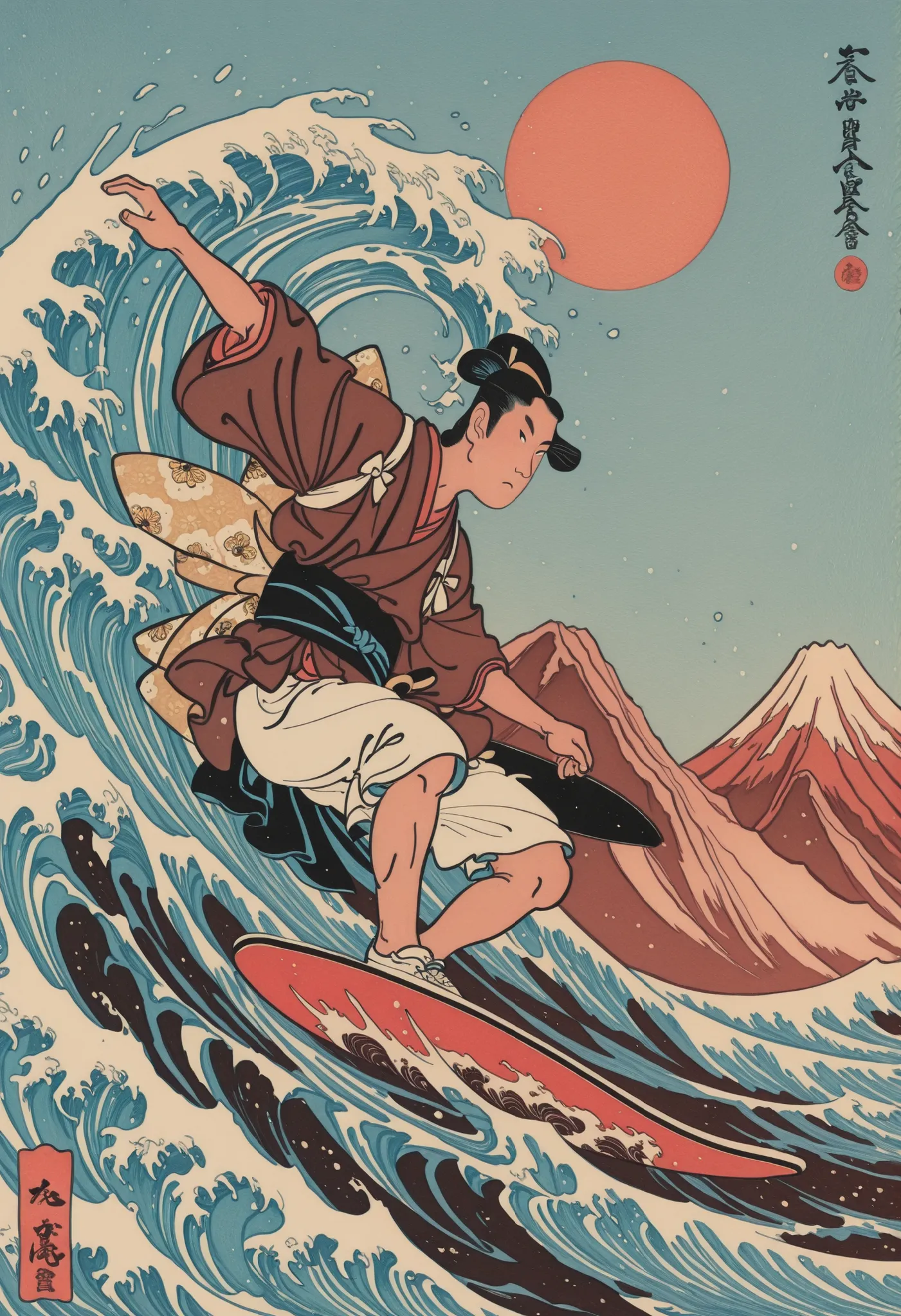 Hokusai style, ukiyo-e, solo, 1male, chonmage, brown japanese clothes, black obi, white shorts, surfing, big wave, red mountain, blue sky,