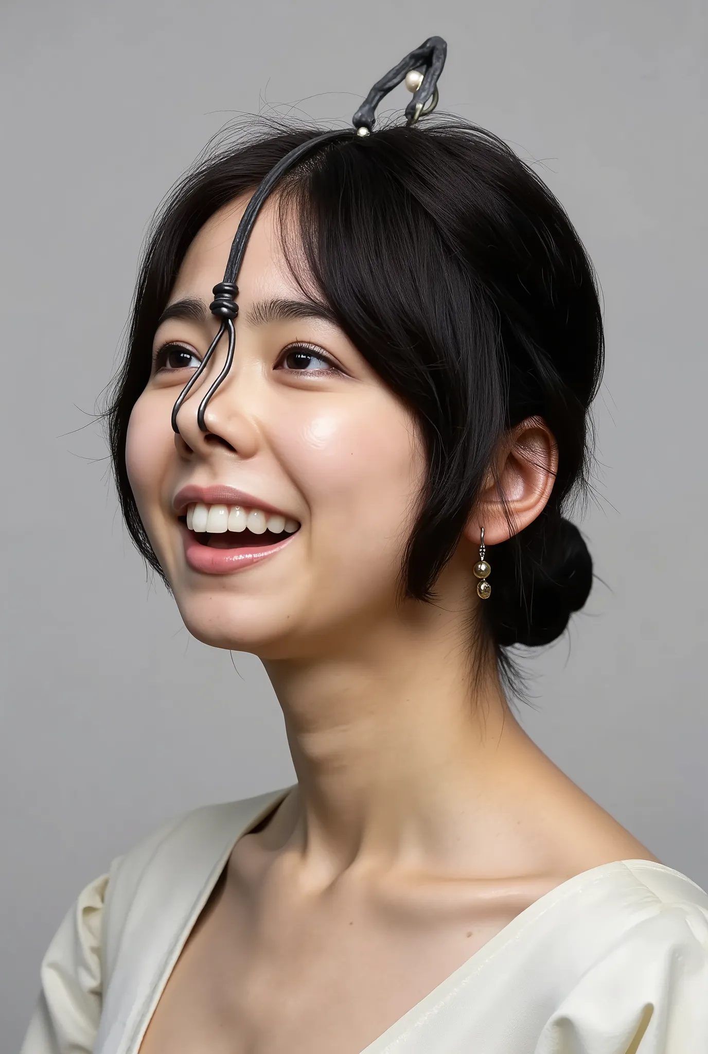 A high resolution photograph of a Japanese adult woman, standing indoors, leaning backward, wearing an off-shoulder dress. (Her hairstyle is dark hair, tied back in a bun, parted middle showing her forehead:1.2). She has moles around the eyes, flawless por...