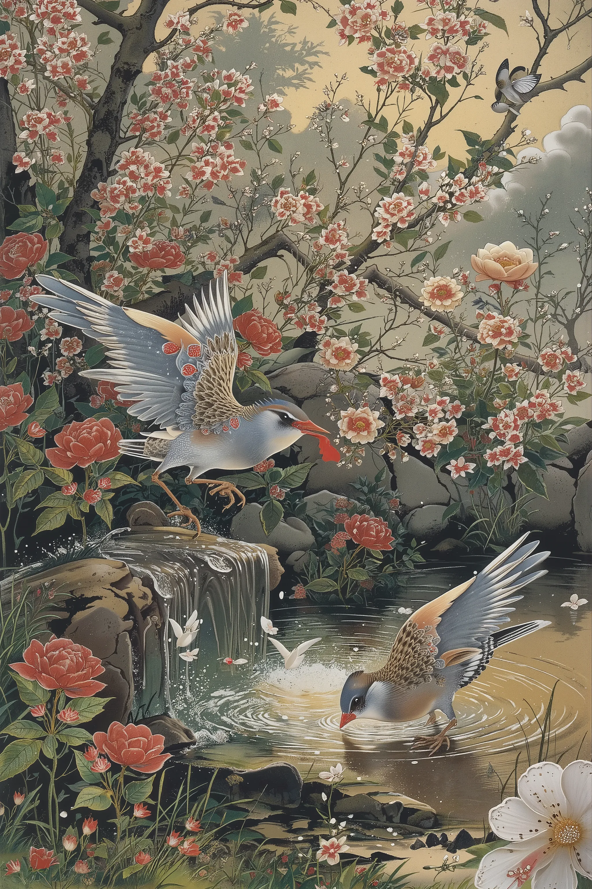 2 sparrows,Sparrow playing in water,A sparrow drinking water at a watering hole,summer,old japanese,nihonga,ito jakuchu,