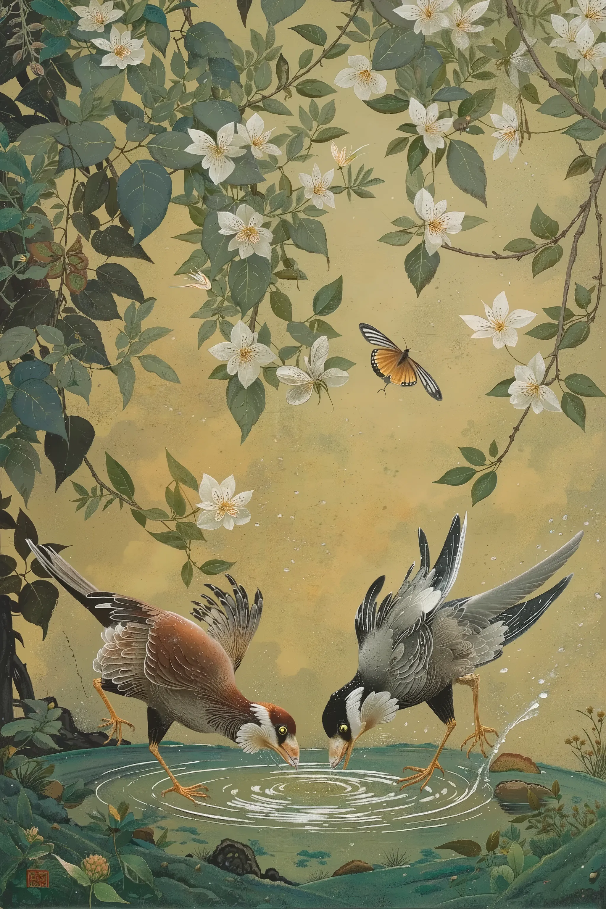 2 sparrows,Sparrow playing in water,A sparrow drinking water at a watering hole,summer,old japanese,nihonga,ito jakuchu,