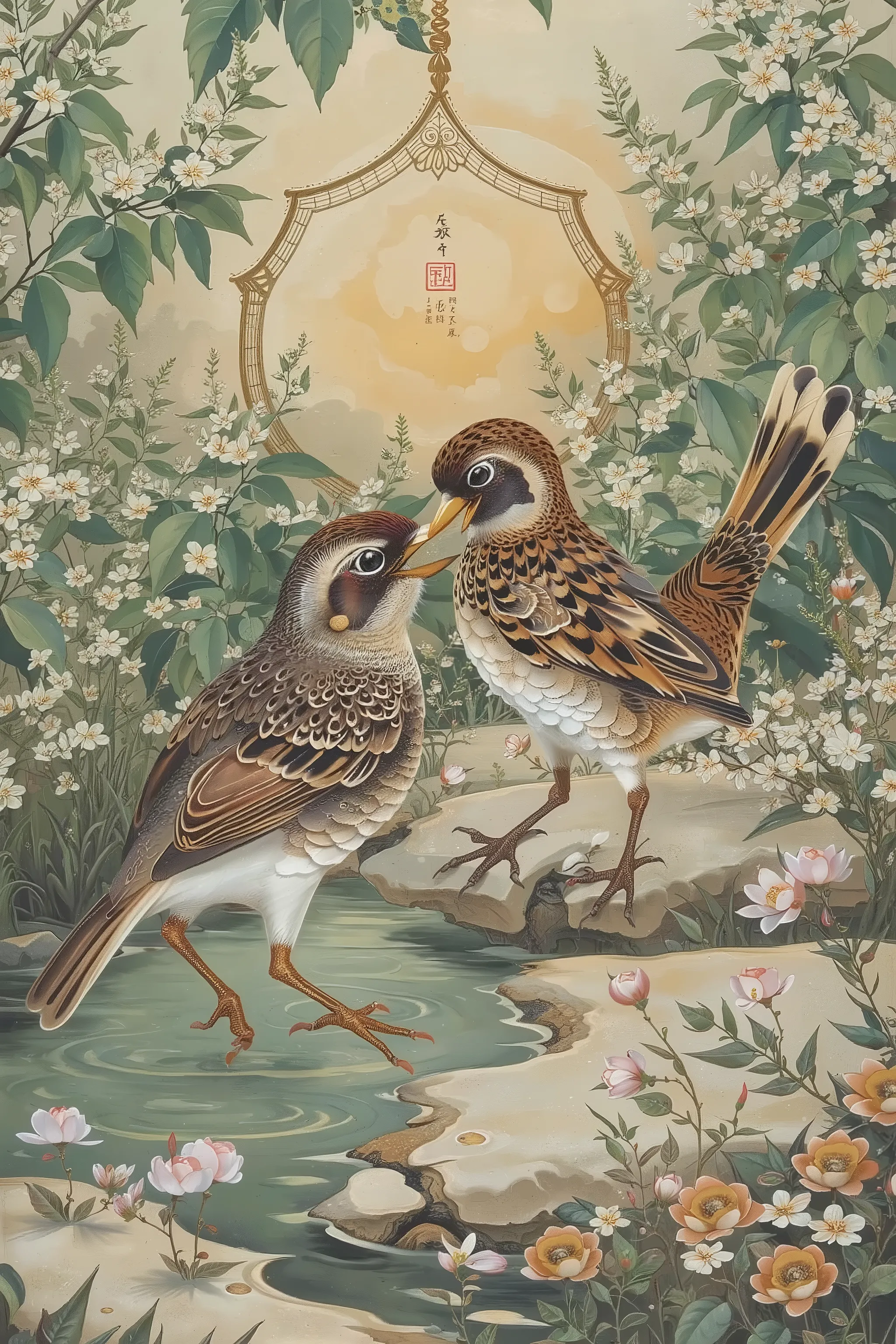 2 sparrows,Sparrow playing in water,A sparrow drinking water at a watering hole,summer,old japanese,nihonga,ito jakuchu,