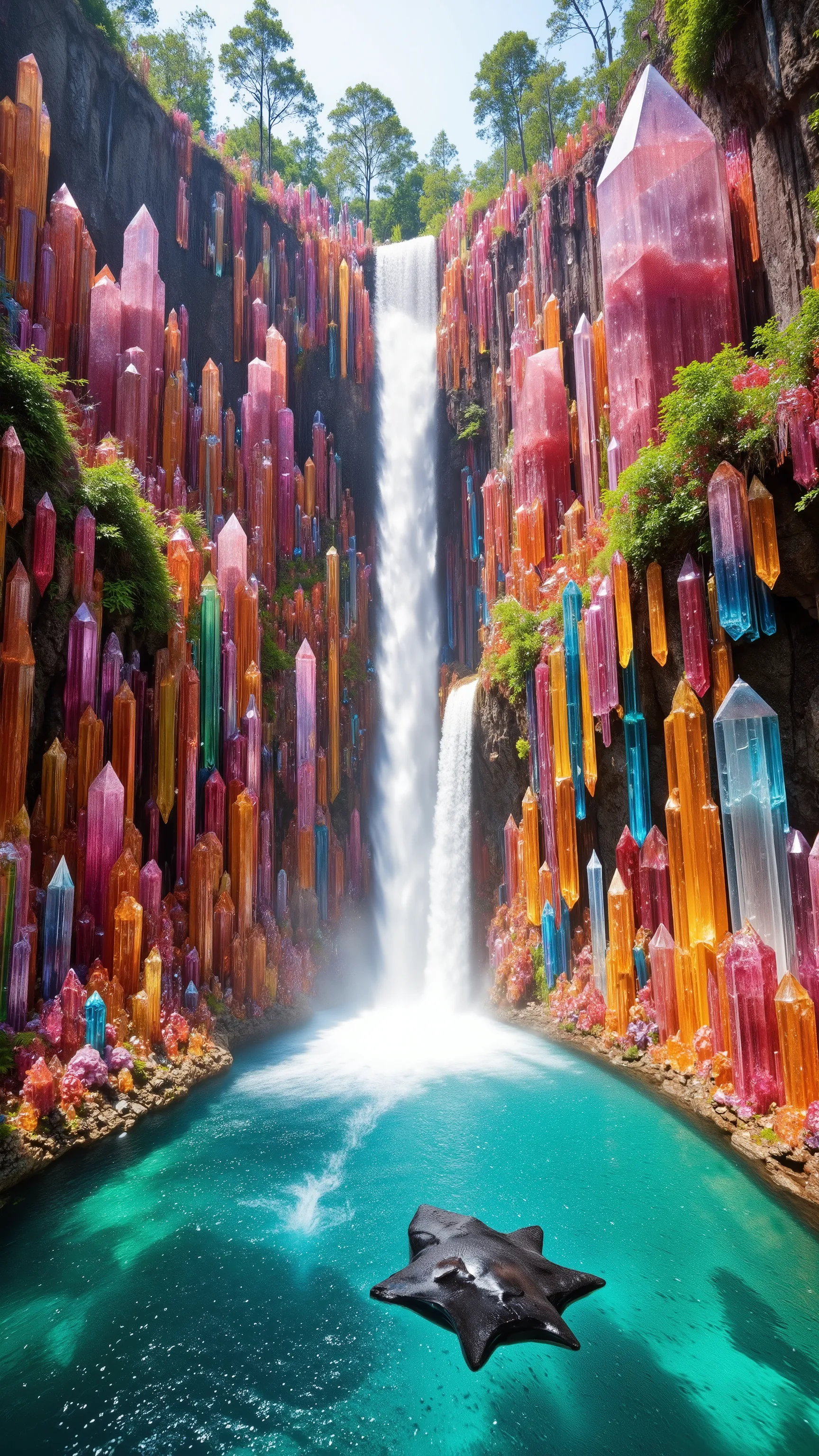 ***Use the lagoon and waterfall in the image provided, a cliff that is 300 feet tall made up of gigantic quartz crystal points that are multicolored pillars in a tropical rainforest. In the middle of these skyscraper sized quartz crystals is an incredible...