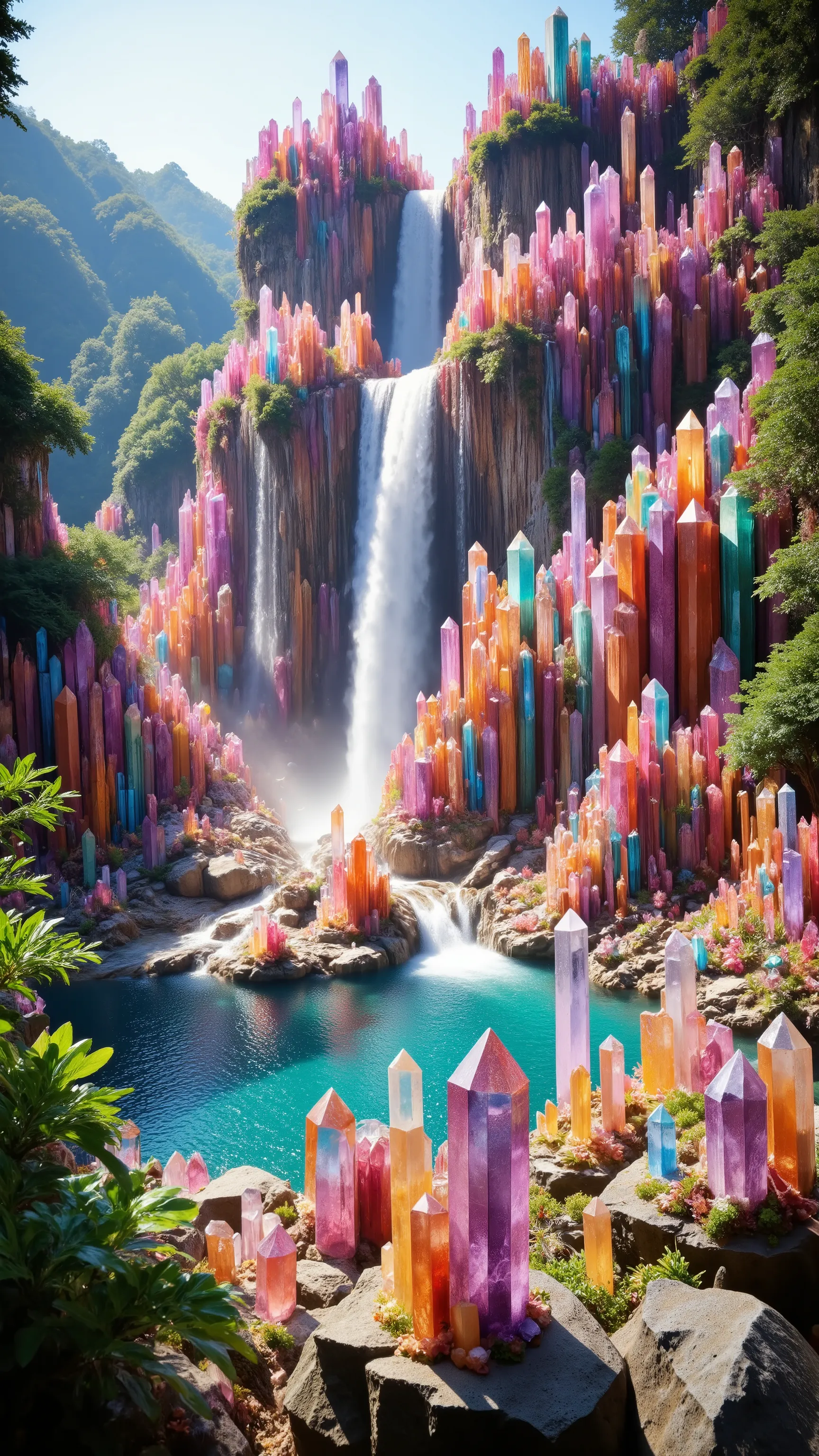
***Use the lagoon and waterfall in the image provided, a cliff that is 300 feet tall made up of gigantic quartz crystal points that are multicolored pillars in a tropical rainforest. In the middle of these skyscraper sized quartz crystals is an incredible...