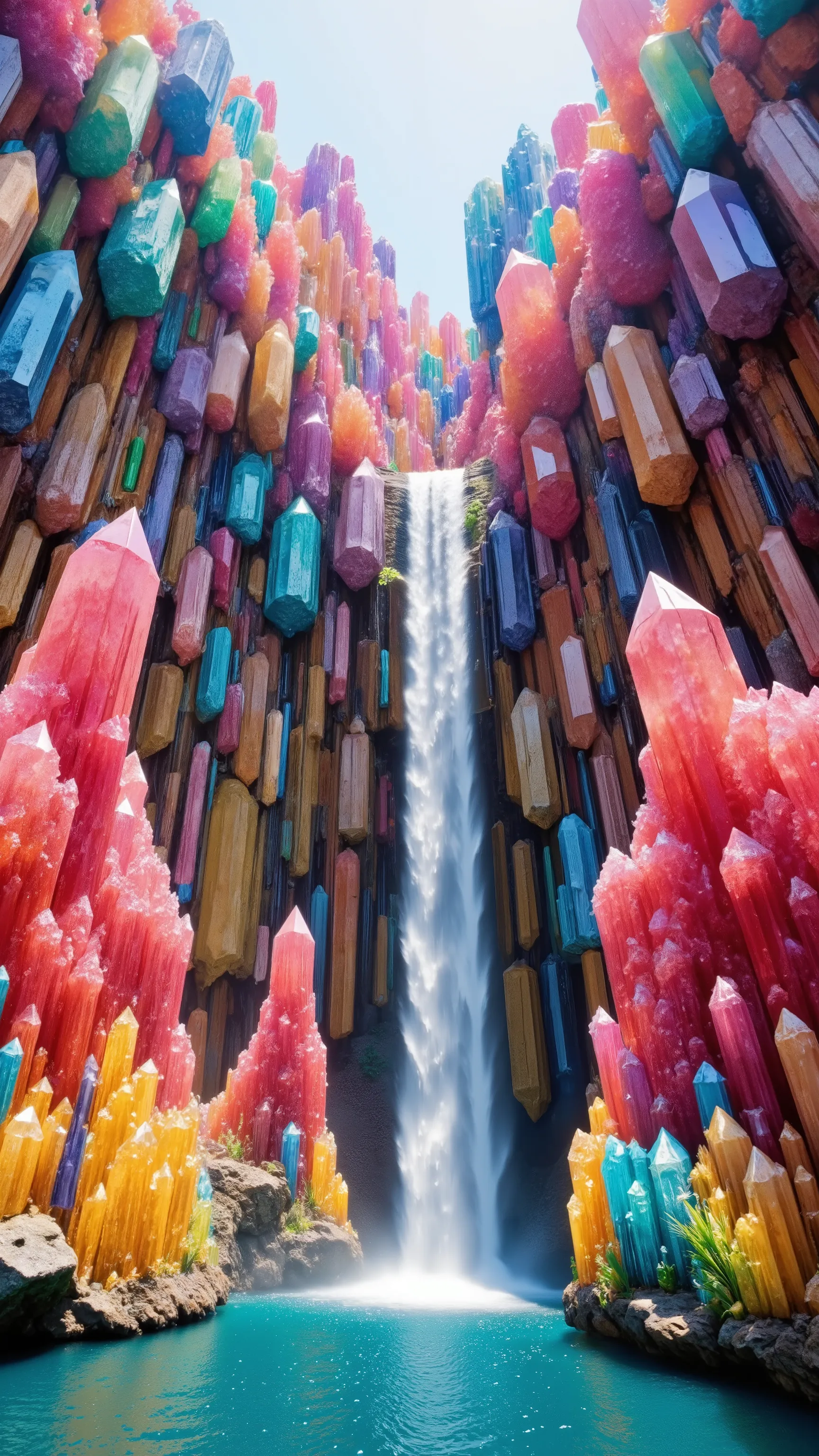 
Ultra-realistic, photo-realistic, ultra-detailed, ultra-crystalistic, a cliff that is 300 feet tall made up of gigantic quartz crystal points that are multicolored pillars in a tropical rainforest. In the middle of these skyscraper-sized quartz crystals i...