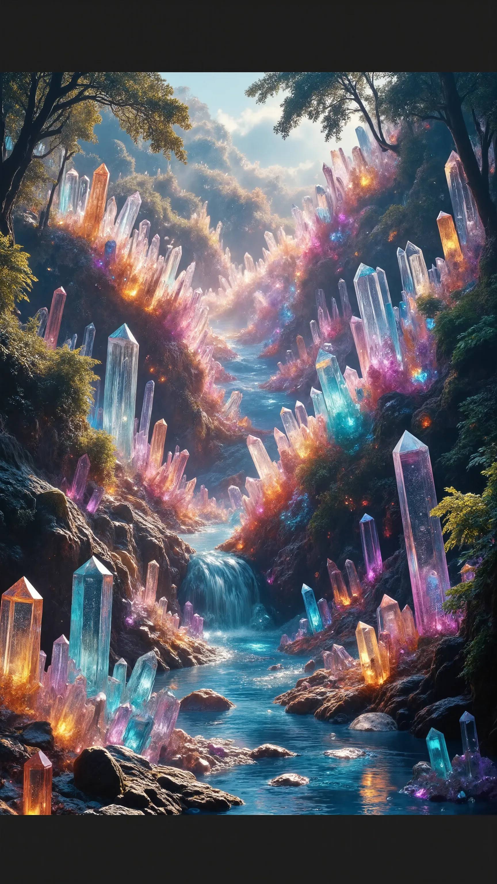 Ultra-realistic, photo-realistic, hyper-crystalistic,  Quartz crystals of all colors and of all height are protruding up out of the ground lining a significantly wide clearish blue river that turns a beautiful dark purple that bubbles profusely on the oute...