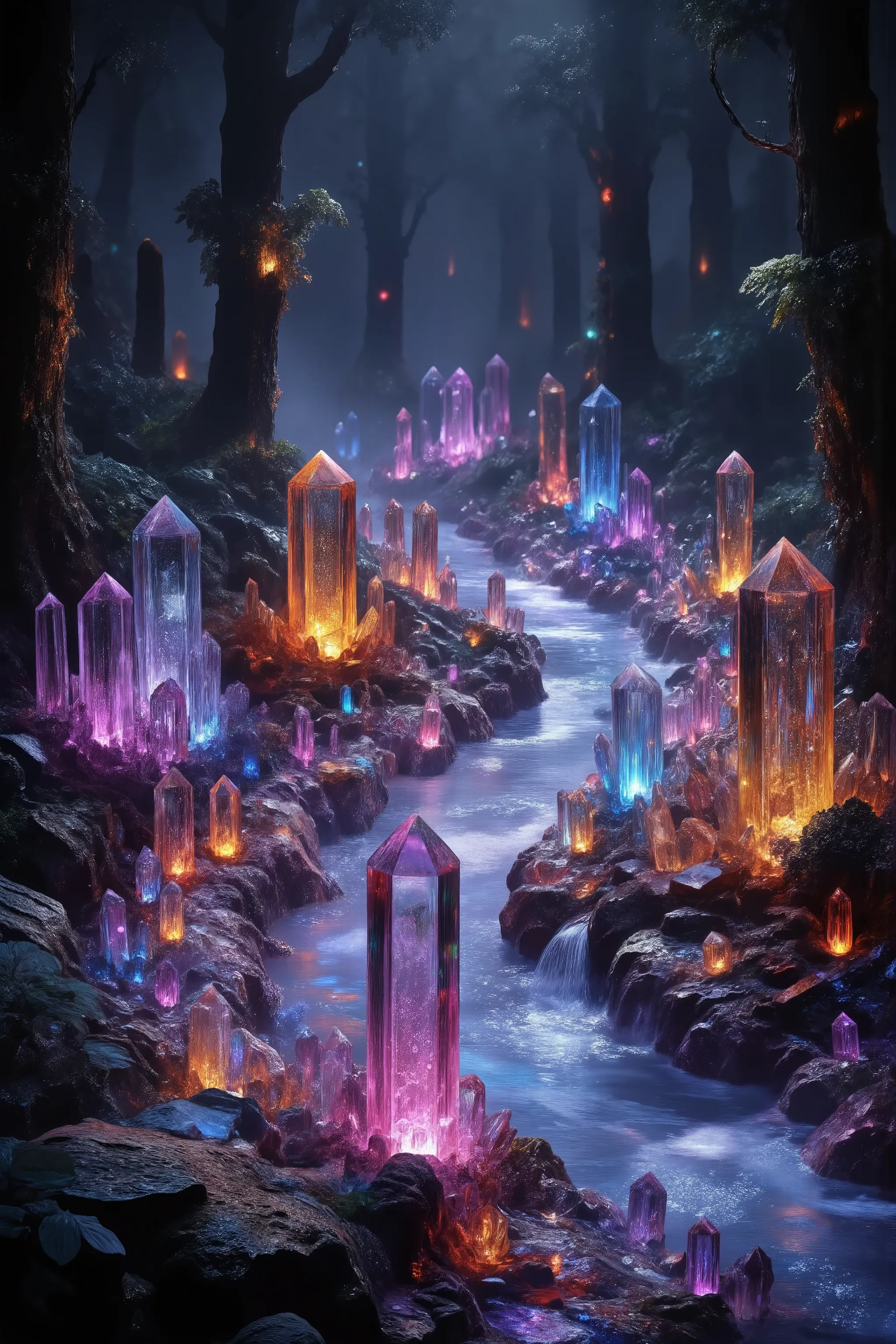 Ultra-realistic, photo-realistic, hyper-crystalistic,  Quartz crystals of all colors and of all height are protruding up out of the ground lining a significantly wide clearish blue river that turns a beautiful dark purple that bubbles profusely on the oute...