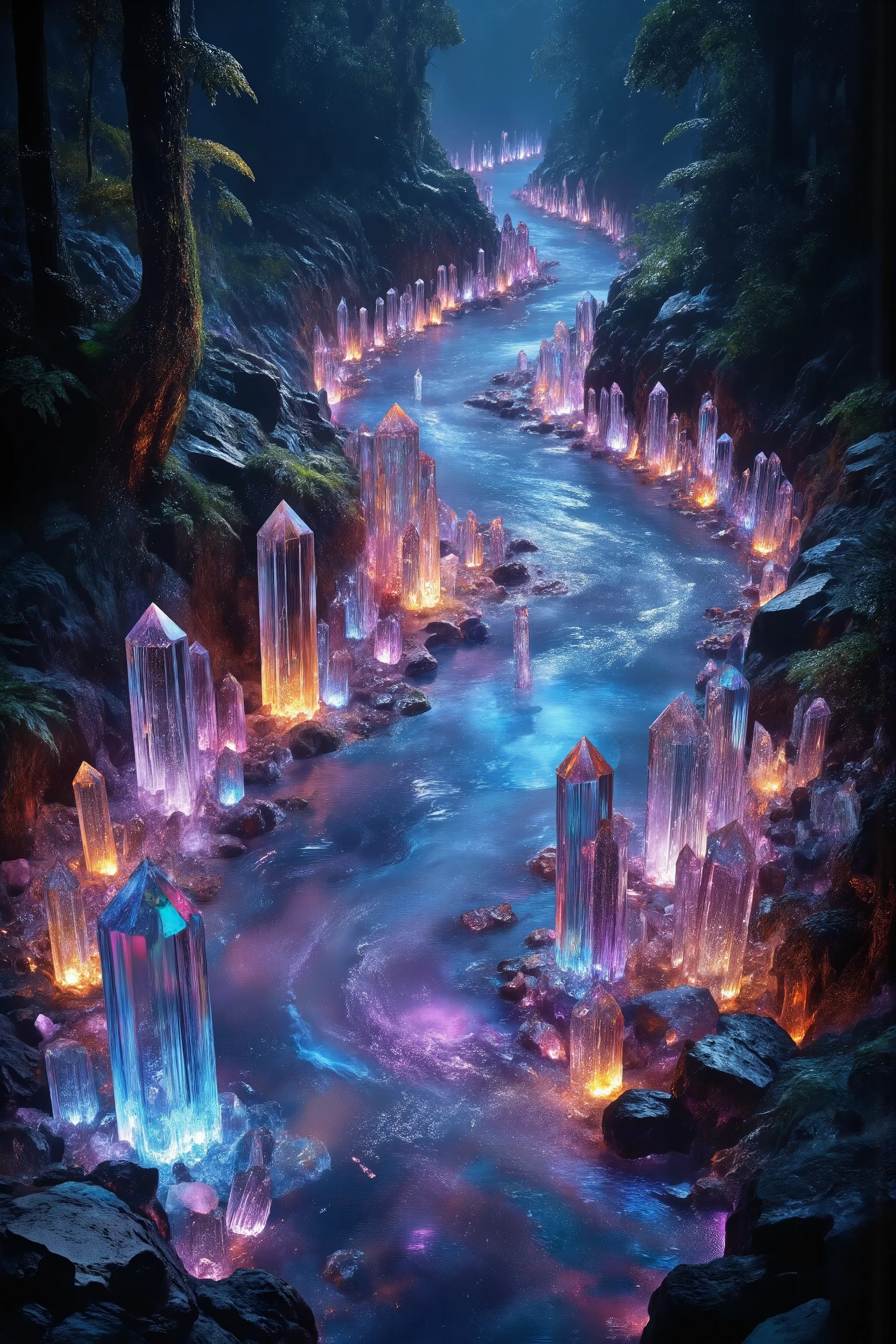 Ultra-realistic, photo-realistic, hyper-crystalistic,  Quartz crystals of all colors and of all height are protruding up out of the ground lining a significantly wide clearish blue river that turns a beautiful dark purple that bubbles profusely on the oute...