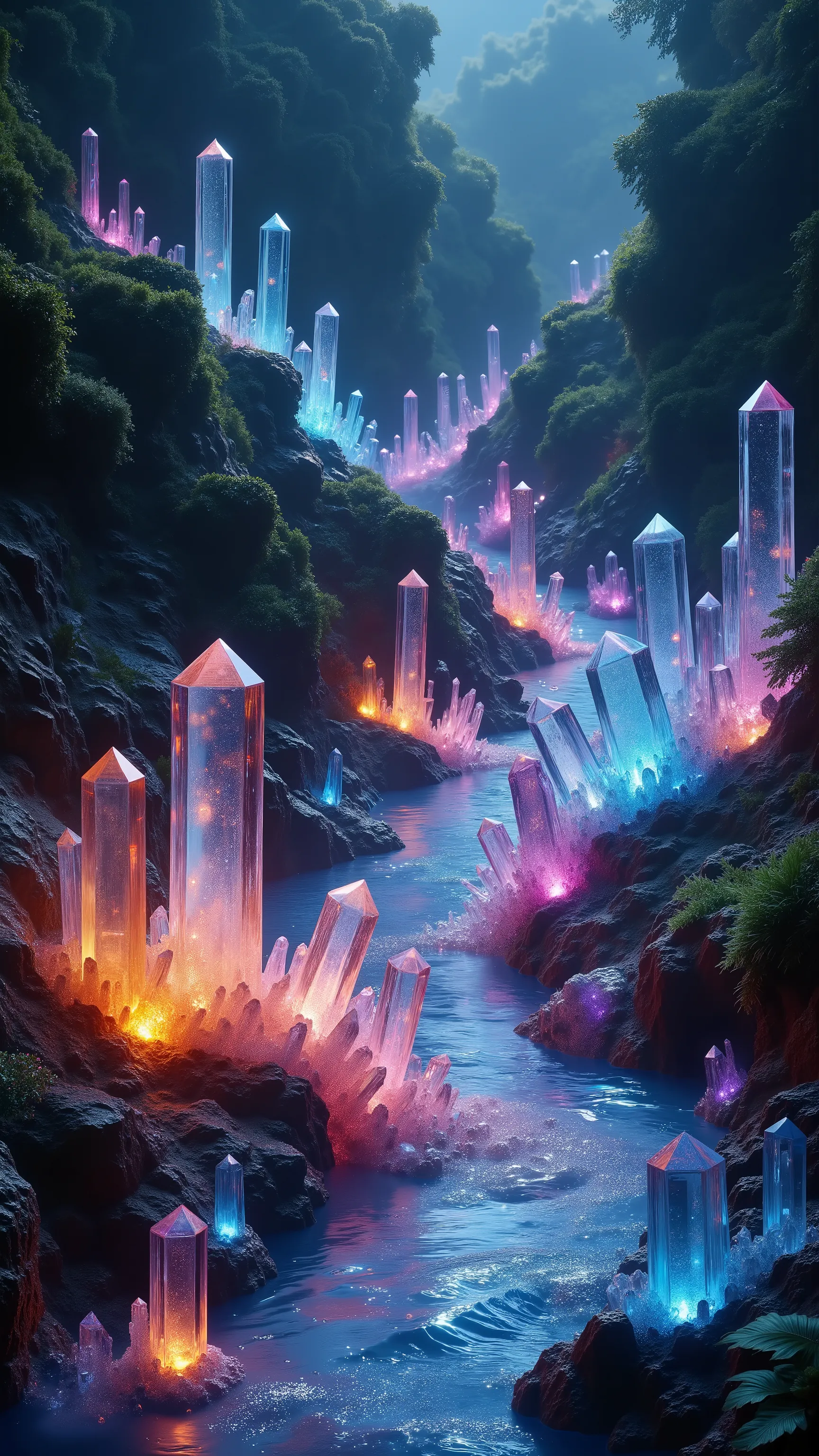 Ultra-realistic, photo-realistic, hyper-crystalistic, Quartz crystals of all colors and of all height are protruding up out of the ground lining a significantly wide clearish blue river that turns a beautiful dark purple that bubbles profusely on the oute...