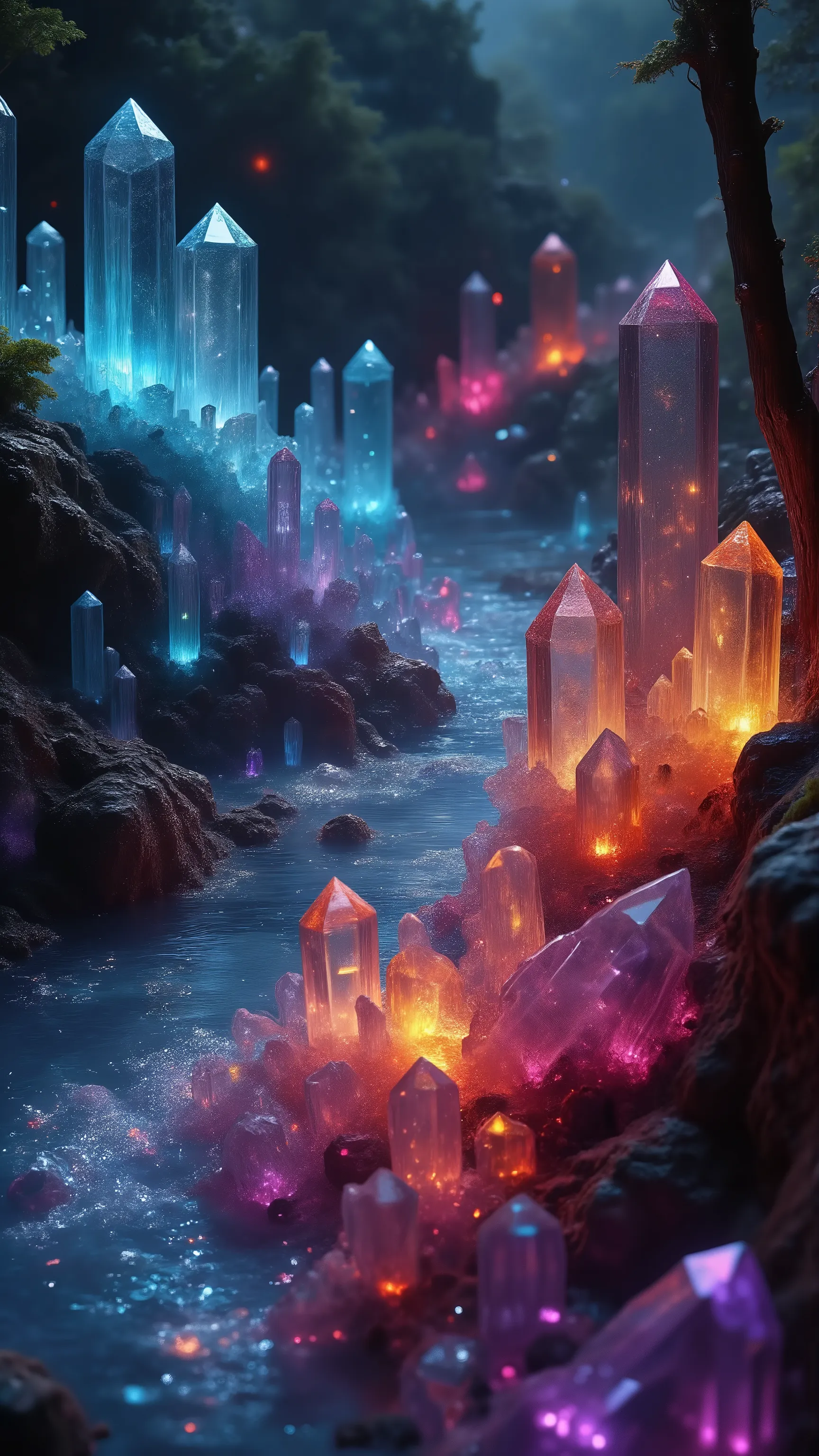 Ultra-realistic, photo-realistic, hyper-crystalistic, Quartz crystals of all colors and of all height are protruding up out of the ground lining a significantly wide clearish blue river that turns a beautiful dark purple that bubbles profusely on the oute...