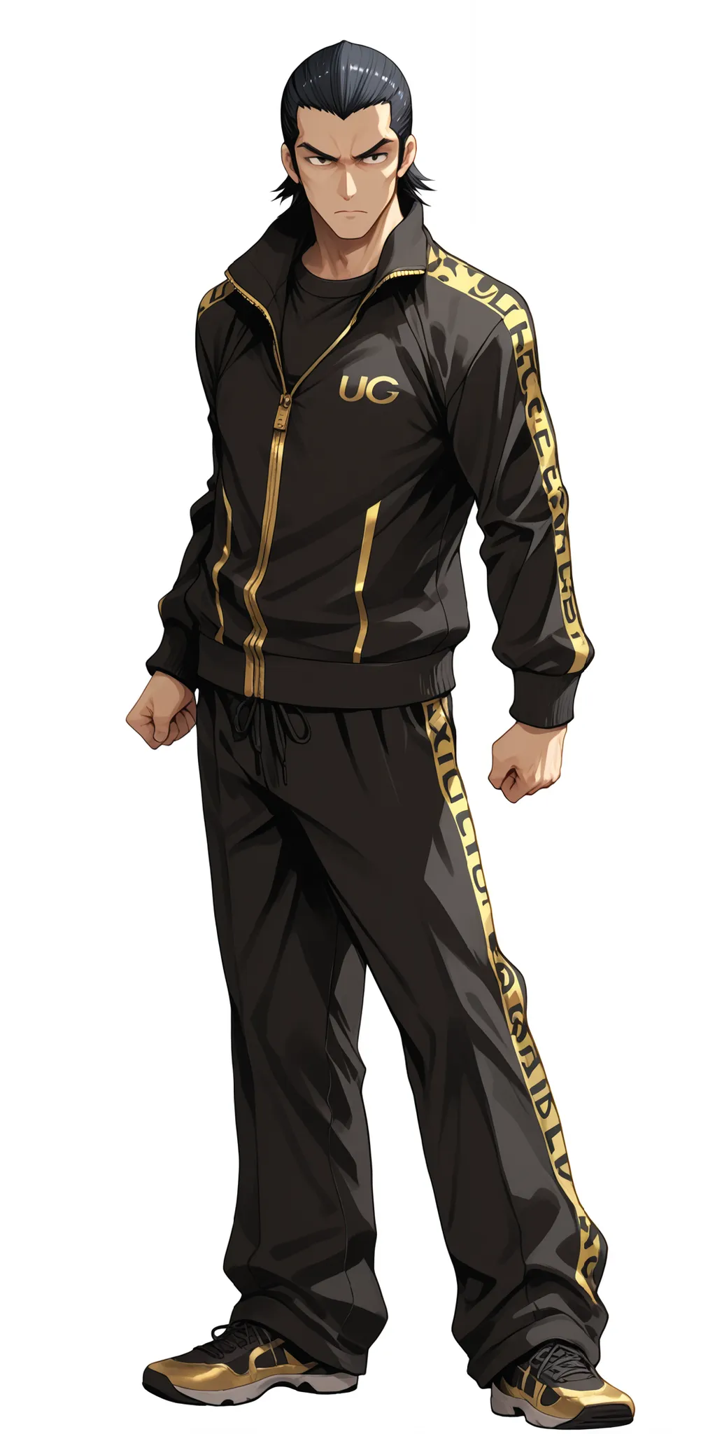 Basic background, fixed face, high quality image, source_game, Kurohyou, asian male, Ukyo Tatsuya, slick back hair, dresscamp tracksuit, trackpants, gold and black colored clothing, serious expression, posing