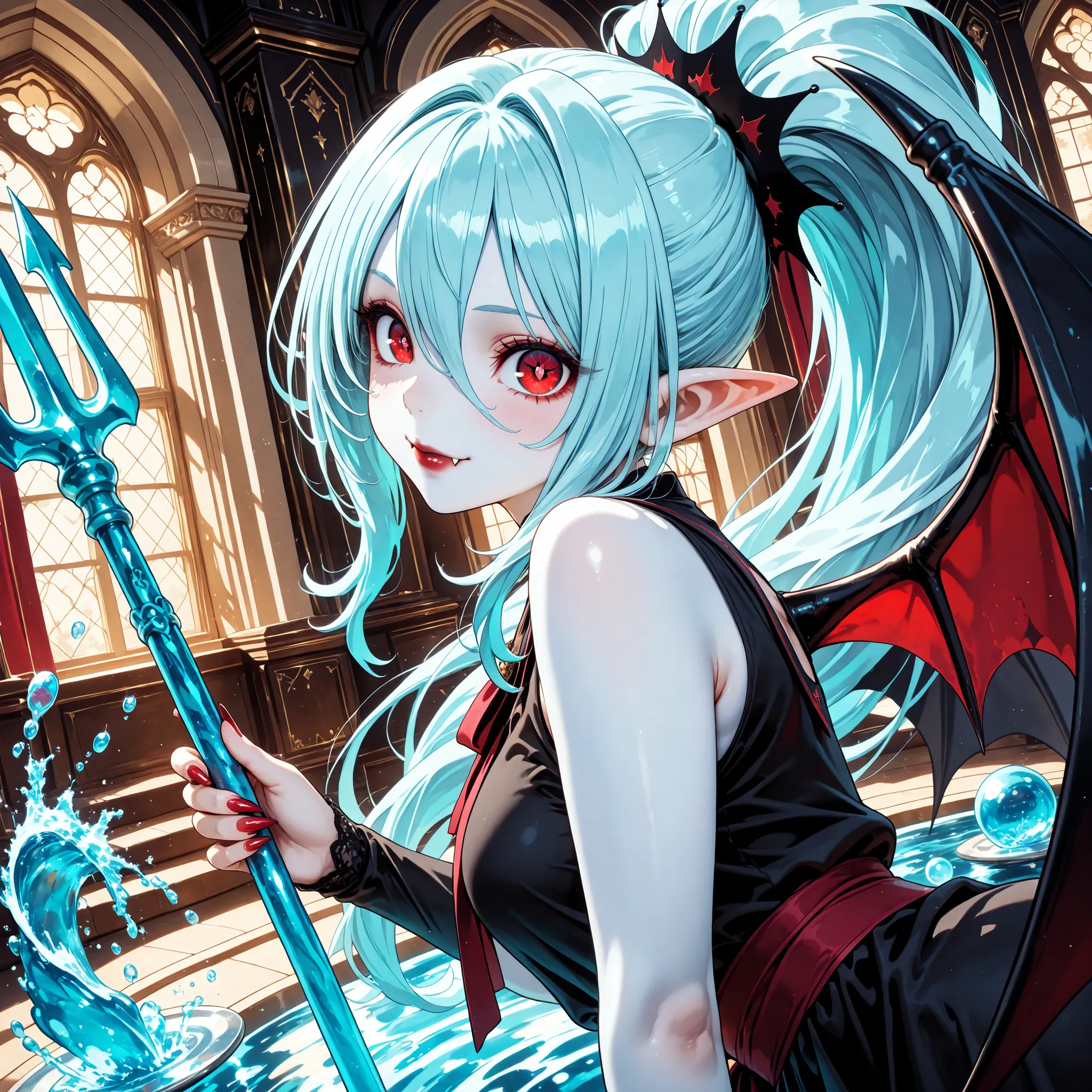 Very High resolution,cute anime-style,masterpiece,best quality,amazing quality,hyper-detailed,very aesthetic,from side,closeup shot,Looking viewer,A water palace,A lot of water running down the wall,A female vampire wielding a trident,Light blue trident,Ma...