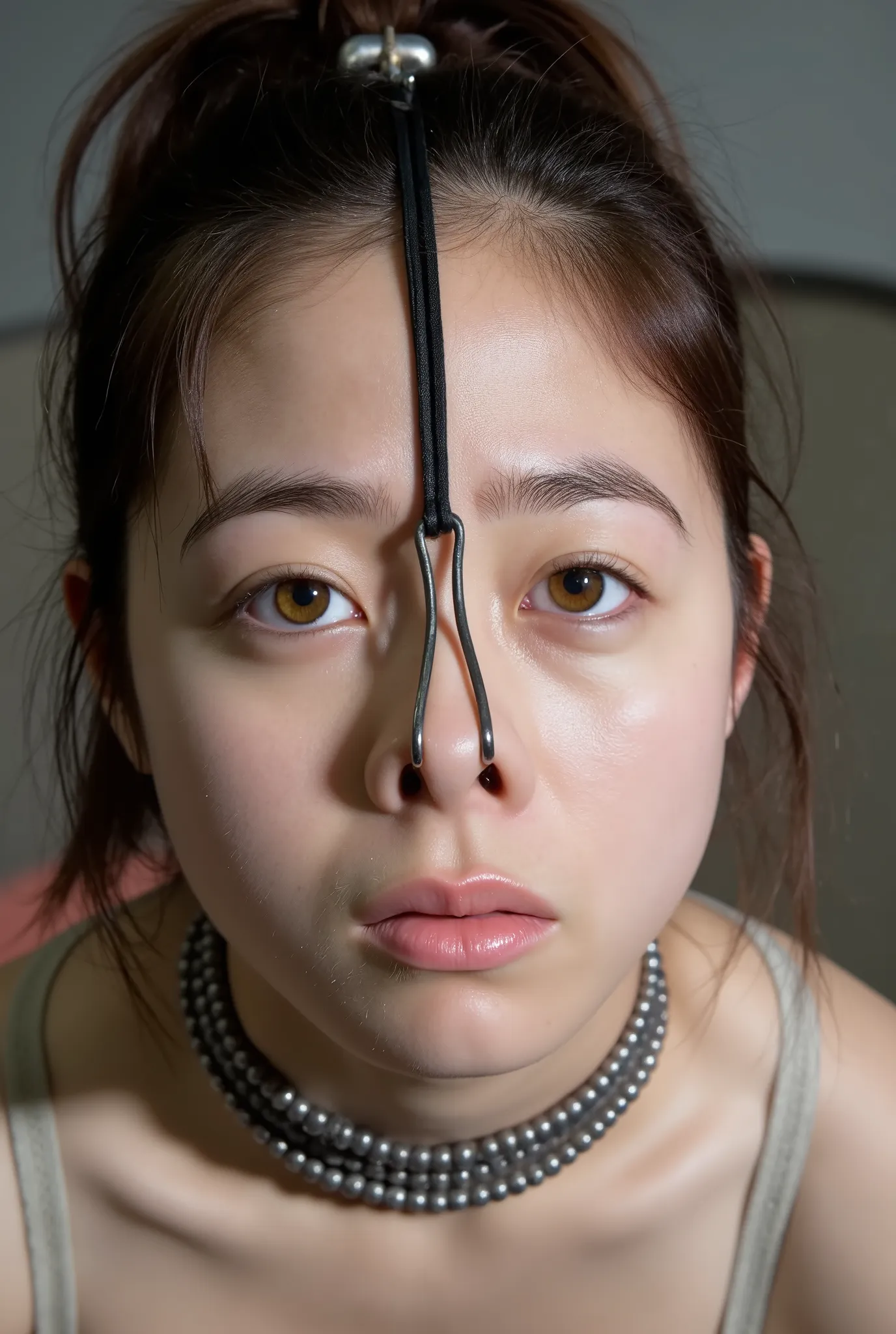 A high resolution photograph of a Japanese adult woman, standing indoors, leaning backward, wearing an casual dress. (Her hairstyle is dark hair parted middle showing her forehead, in a ponytail:1.2). She has lite-brown eyes, flawless porcelain-white skin ...