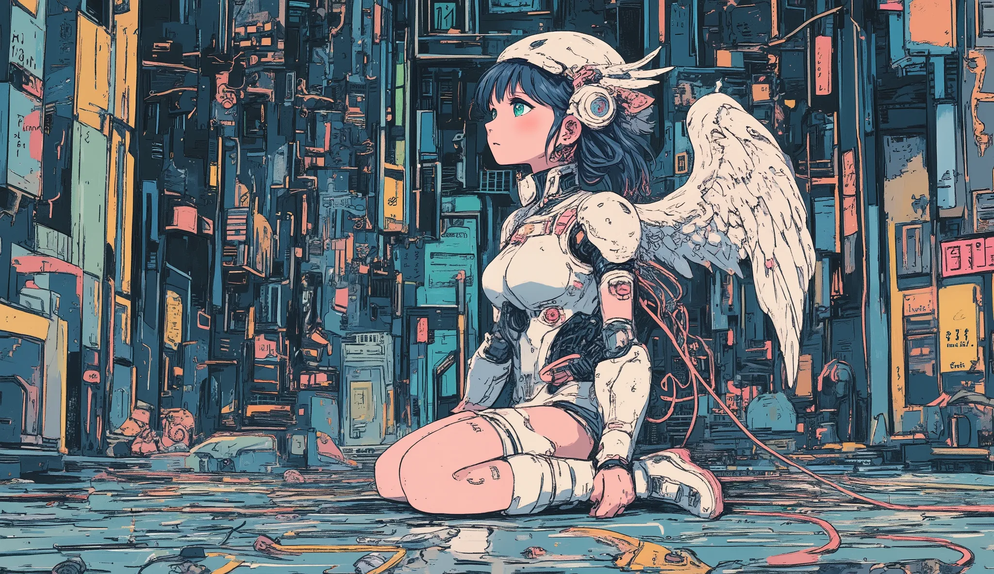 (masterpiece:1.2,Exceptional Quality,Mirror-like,Cinematic Experience),Awide shot, futuristic,cyberpunk-style artwork of a kneeling female cyborg with mecha devil wings on back,(she is surrounded by a swirl of time and number text:2.5),(Detailed time data ...