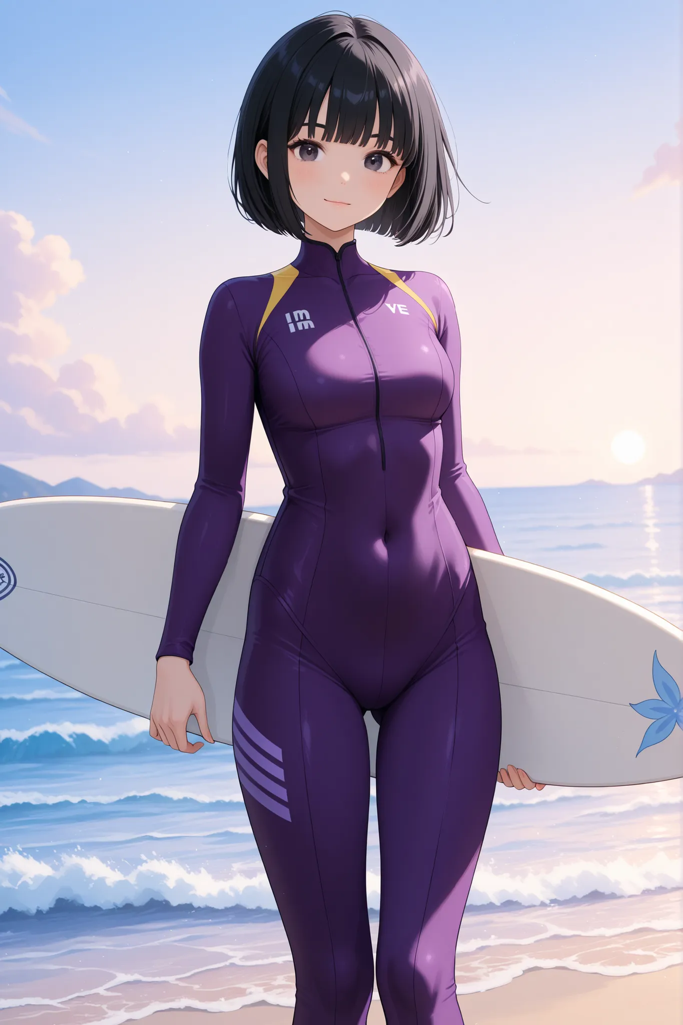 one woman、mayahell,black hair,dark eyes,bob cut,I'm wearing a purple wetsuit and holding a surfboard、summer、Daytime、Seaside、Wave、