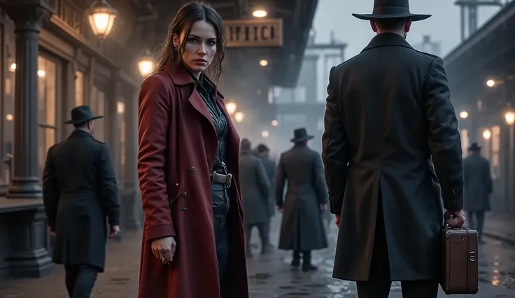 Hyper-realistic cinematic scene at Redstone Central Station during twilight. Sadie Blake stands alone on the platform, searching through the crowd with alert, piercing eyes. She wears a deep red overcoat, dusty from travel, and holds a small leather suitca...